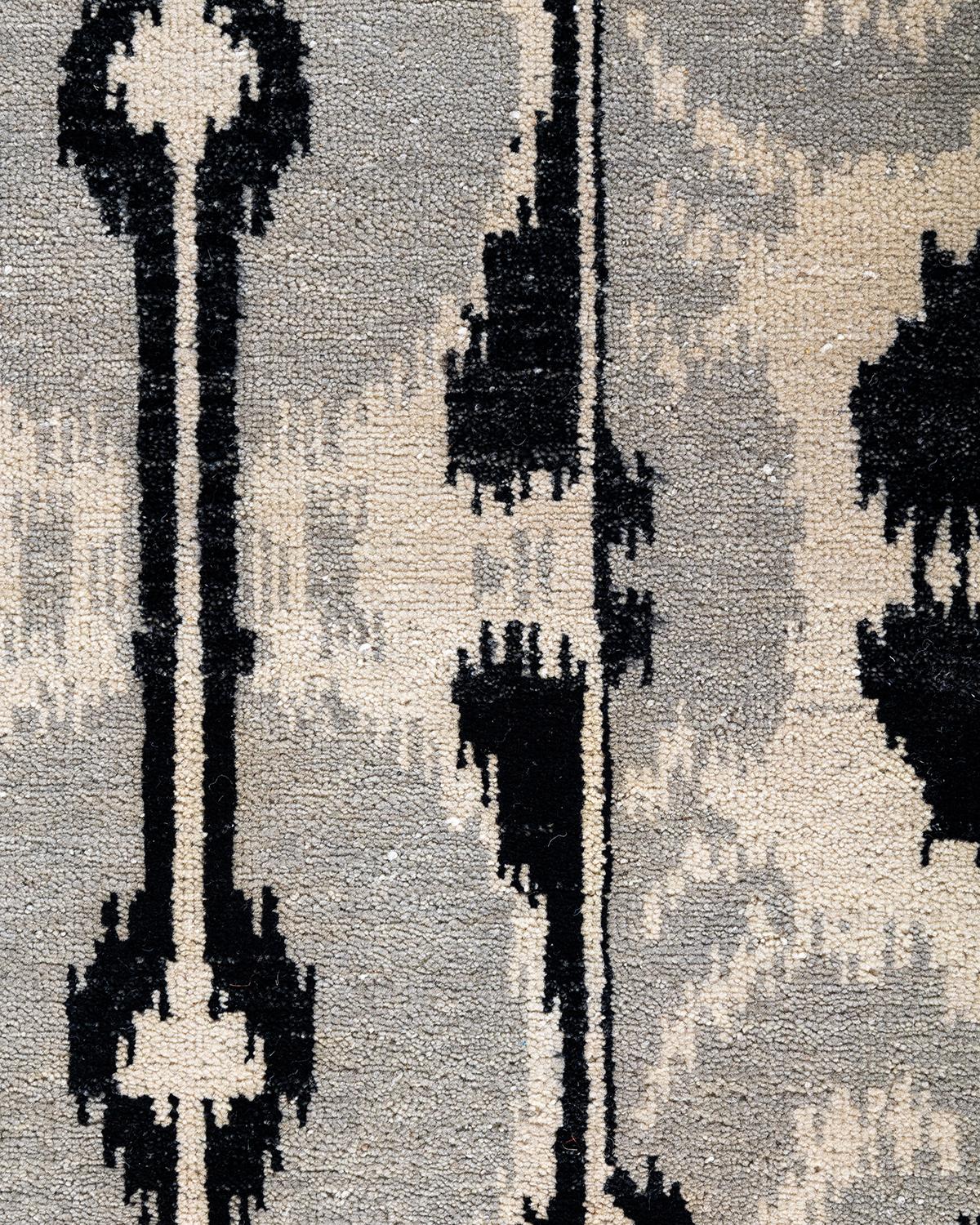 Alfombra Ikat Tradicional Anudada a Mano Abstracta de Lana Negra 8' 1