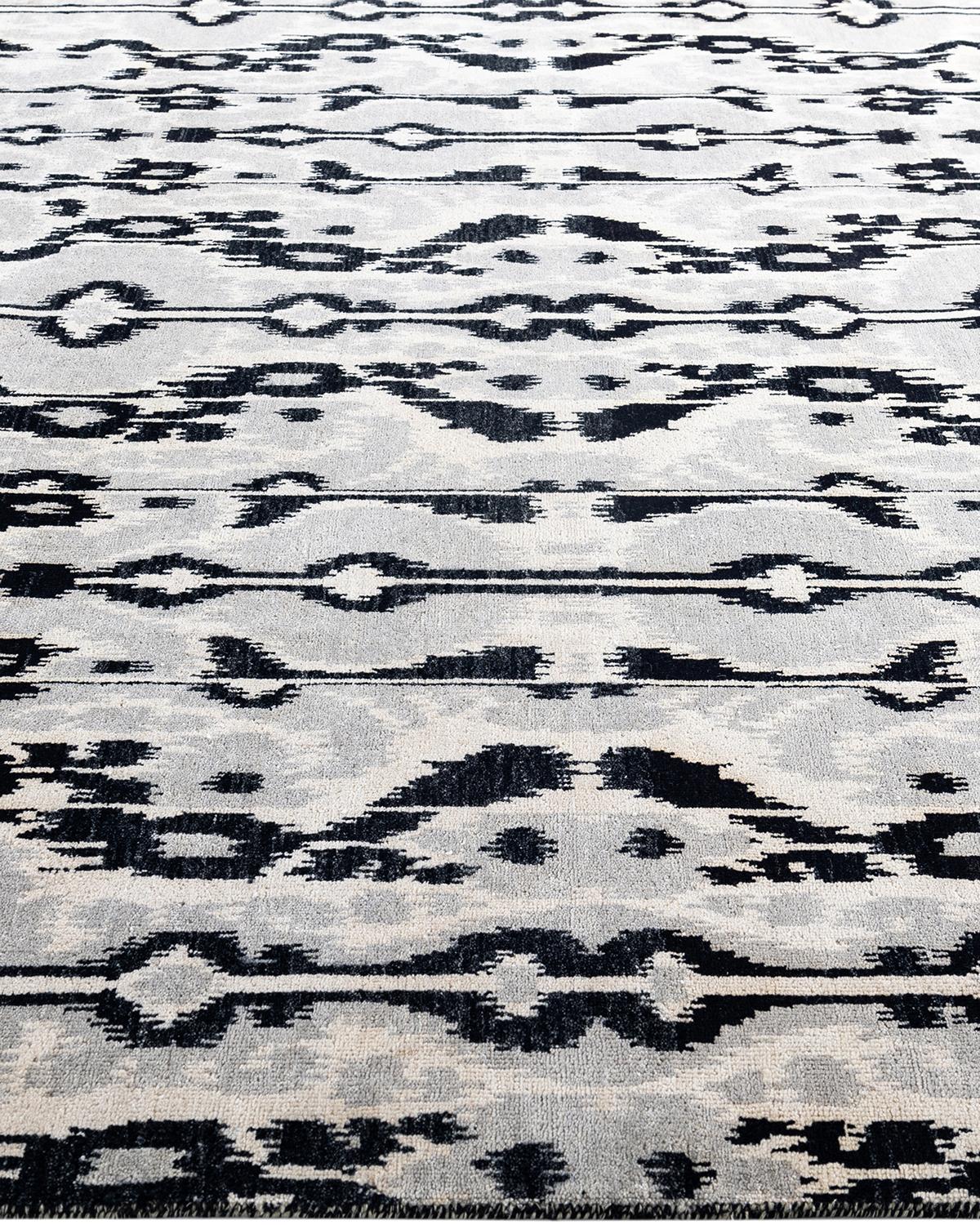Alfombra Ikat Tradicional Anudada a Mano Abstracta de Lana Negra 8' 1