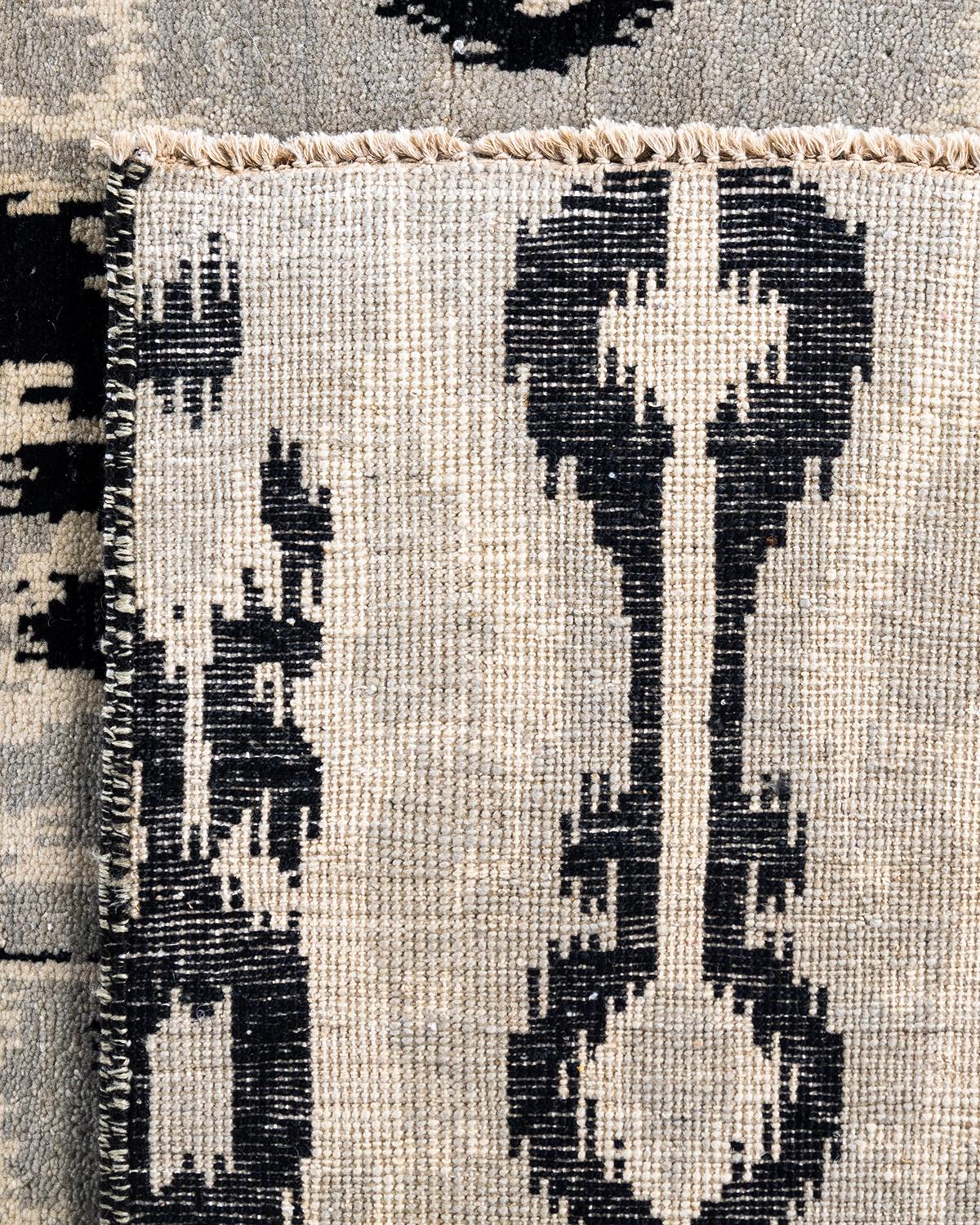 Alfombra Ikat Tradicional Anudada a Mano Abstracta de Lana Negra 8' 1