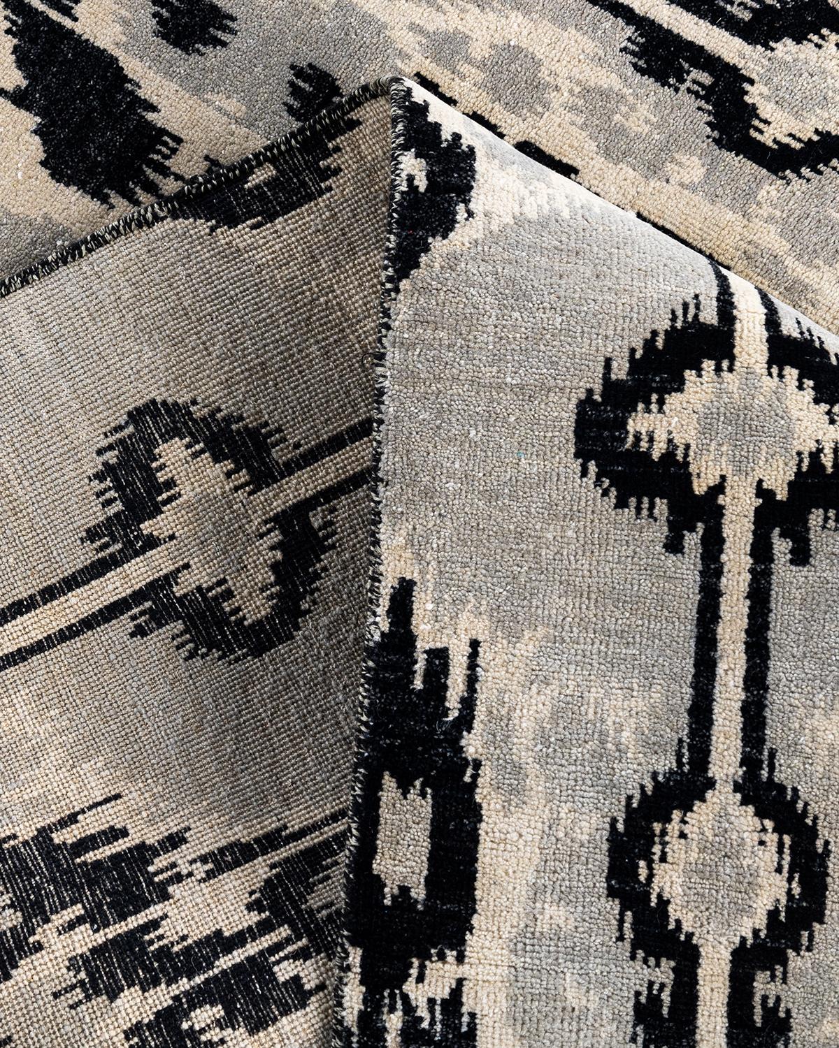 Alfombra Ikat Tradicional Anudada a Mano Abstracta de Lana Negra 8' 1