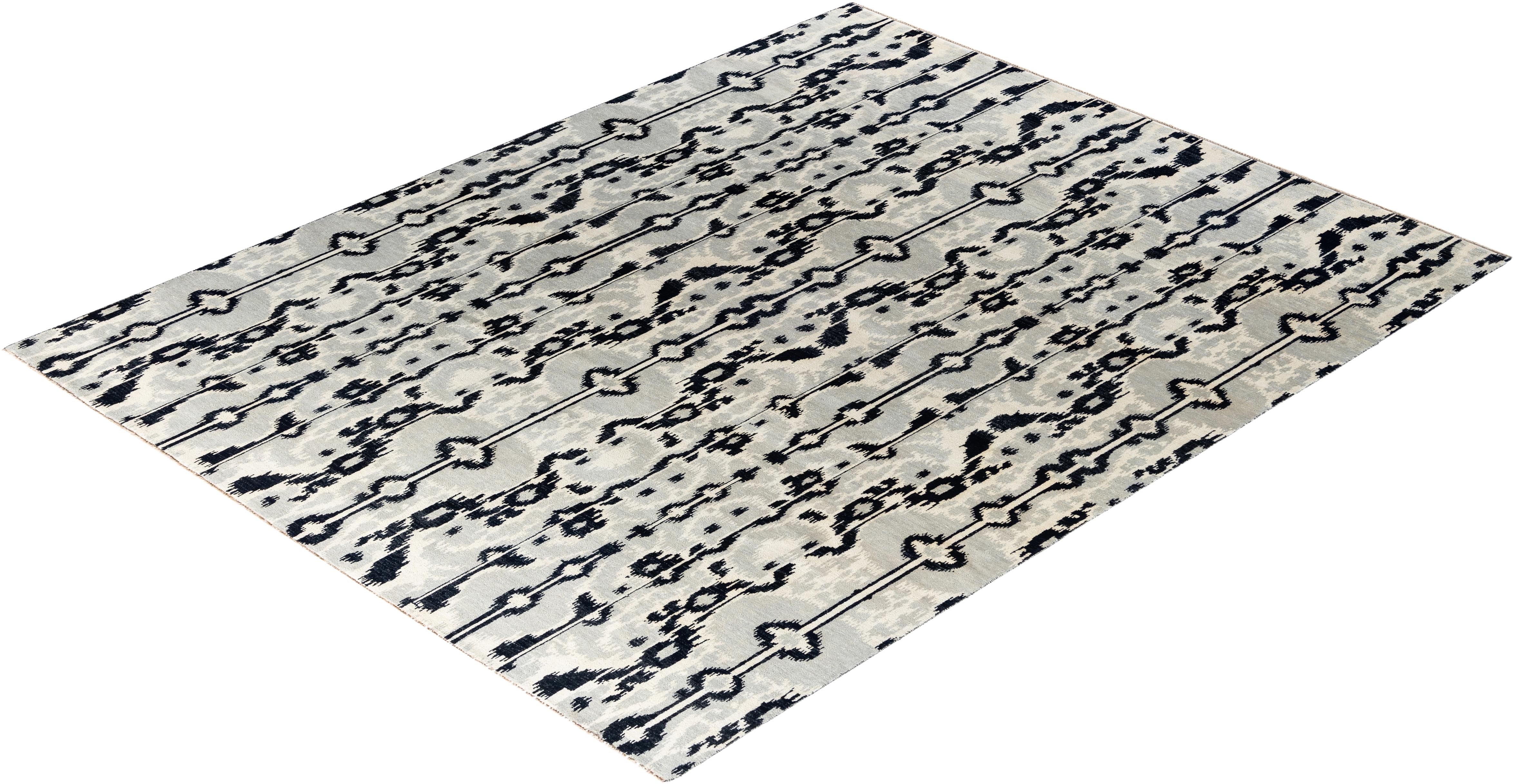 Alfombra Ikat Tradicional Anudada a Mano Abstracta de Lana Negra 8' 1