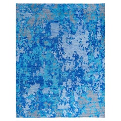 Tappeto tradizionale Ikat annodato a mano in lana blu 8' 1" x 9' 10"