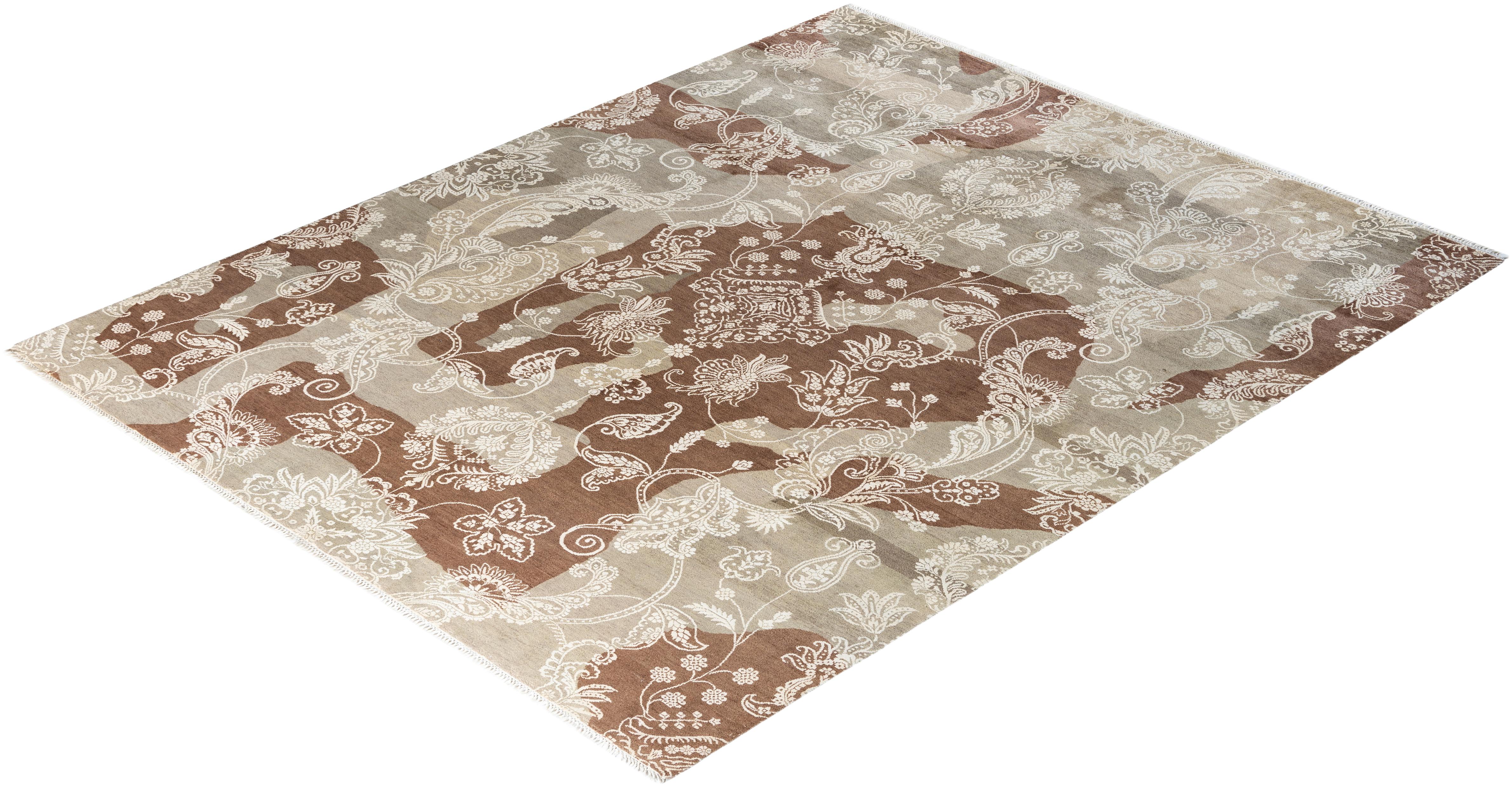 Traditionelle Ikat Hand geknüpft abstrakte Wolle Brown Bereich Teppich 8' 2