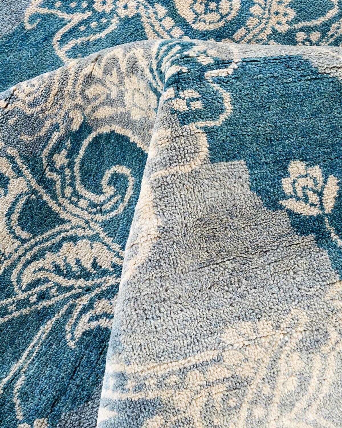 Laine Tapis traditionnel Ikat abstrait noué à la main gris de 8' 4
