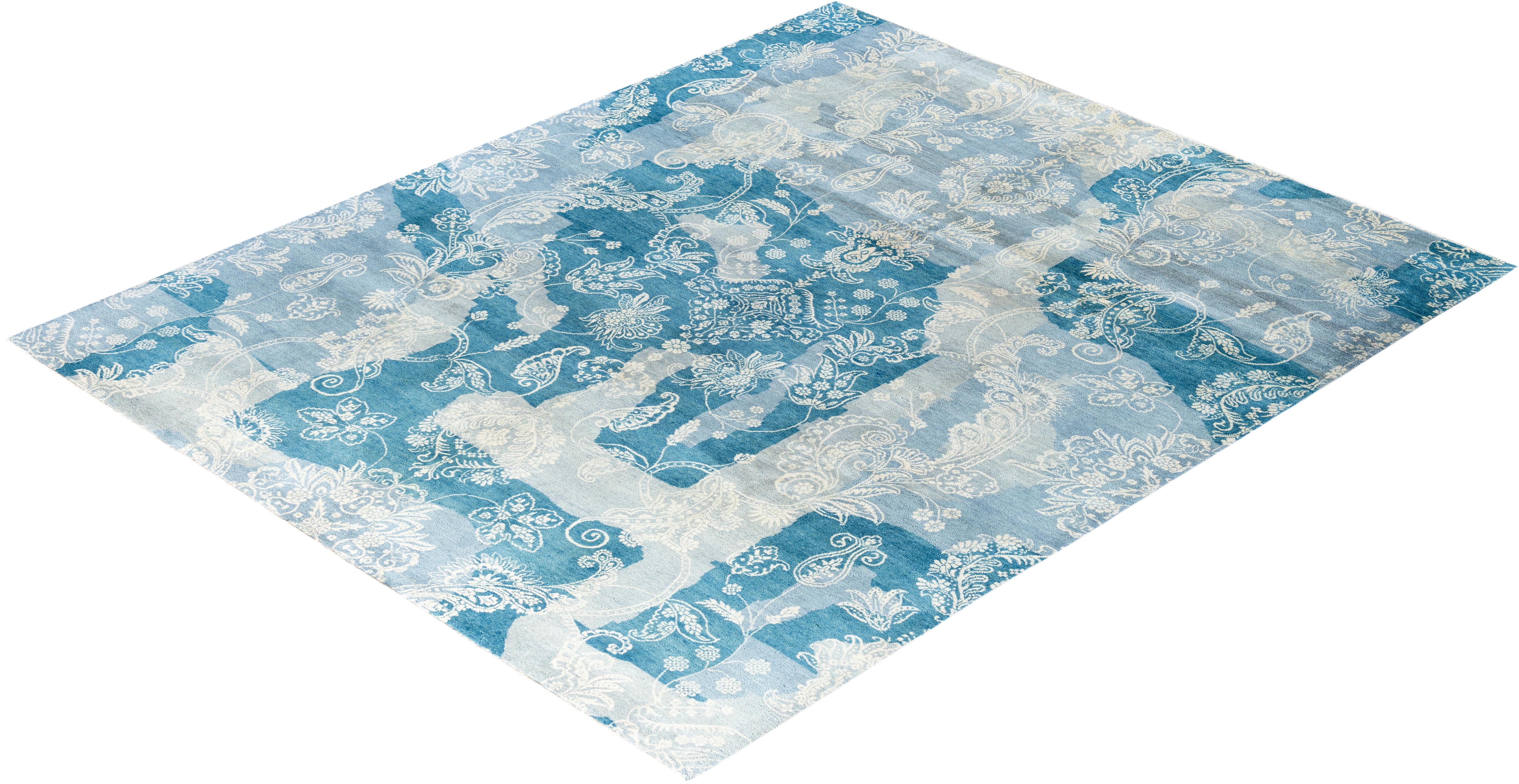 Tapis traditionnel Ikat abstrait noué à la main gris de 8' 4