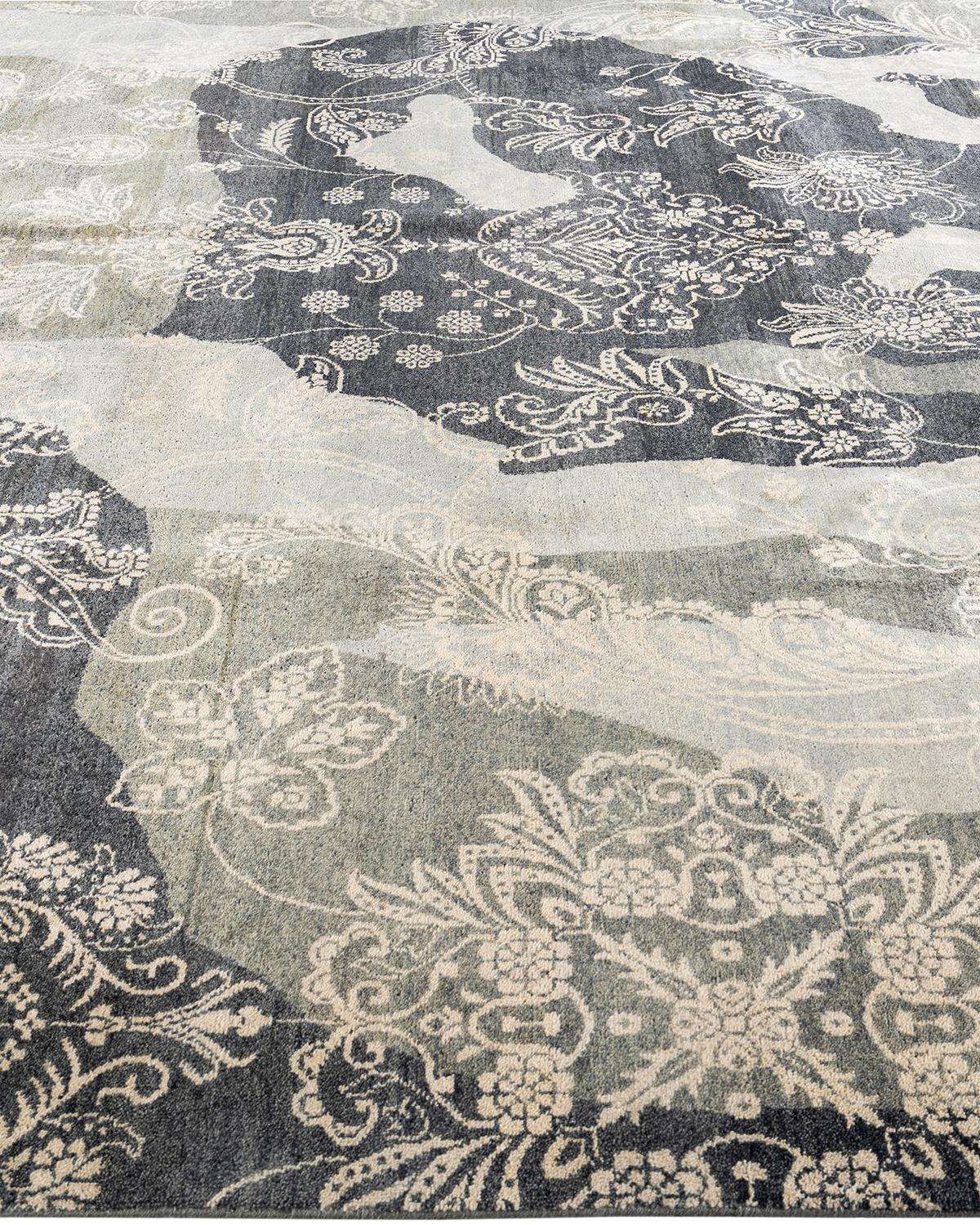 Noué à la main Tapis traditionnel Ikat abstrait noué à la main gris de 9' 0