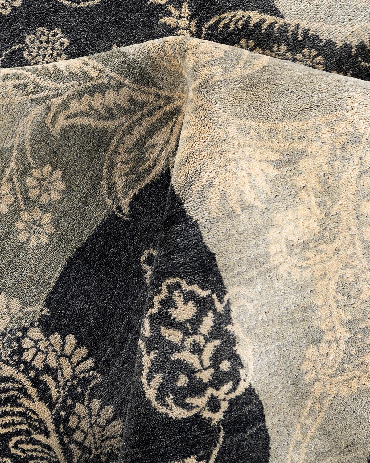 Laine Tapis traditionnel Ikat abstrait noué à la main gris de 9' 0