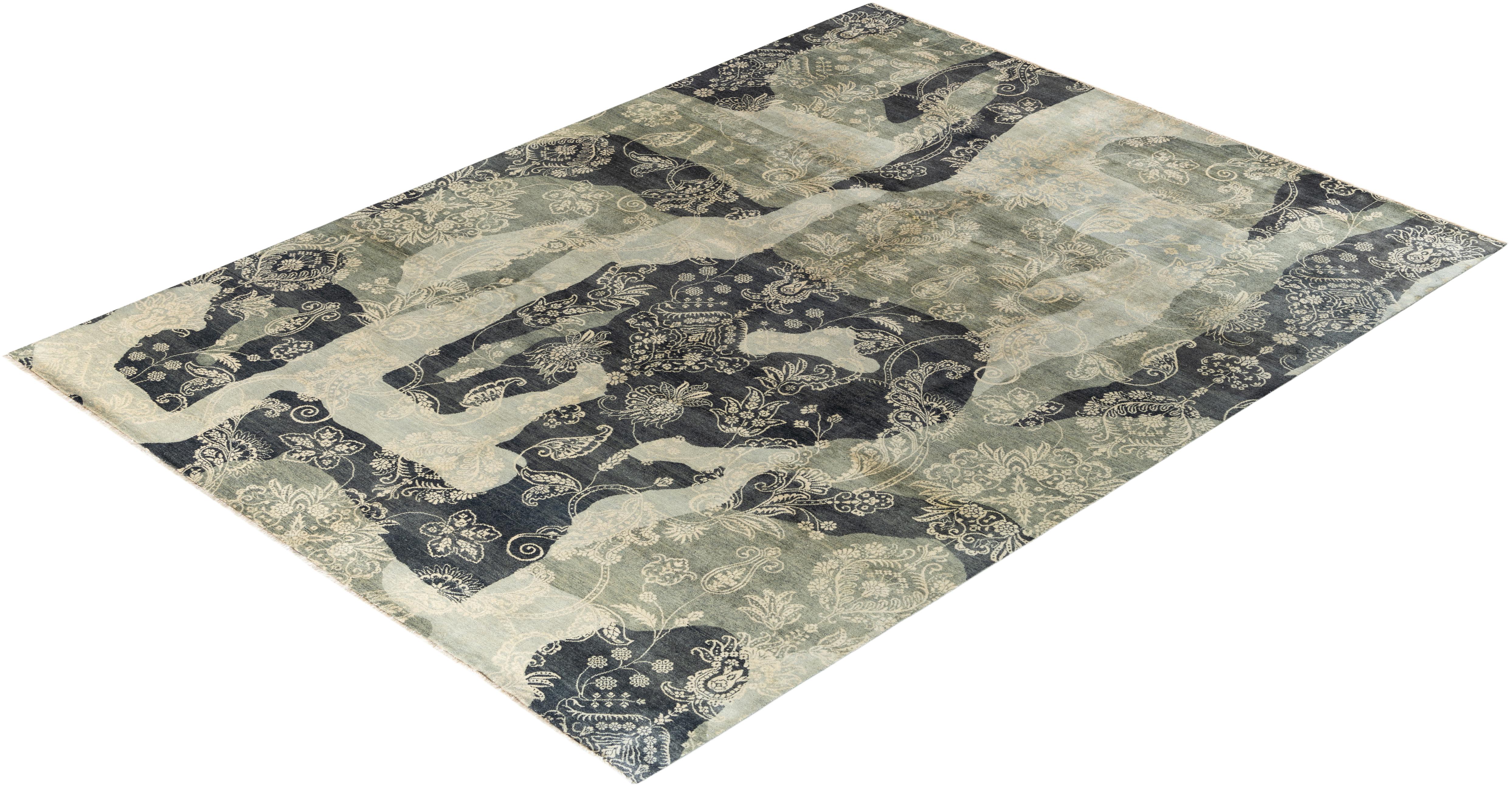 Tapis traditionnel Ikat abstrait noué à la main gris de 9' 0