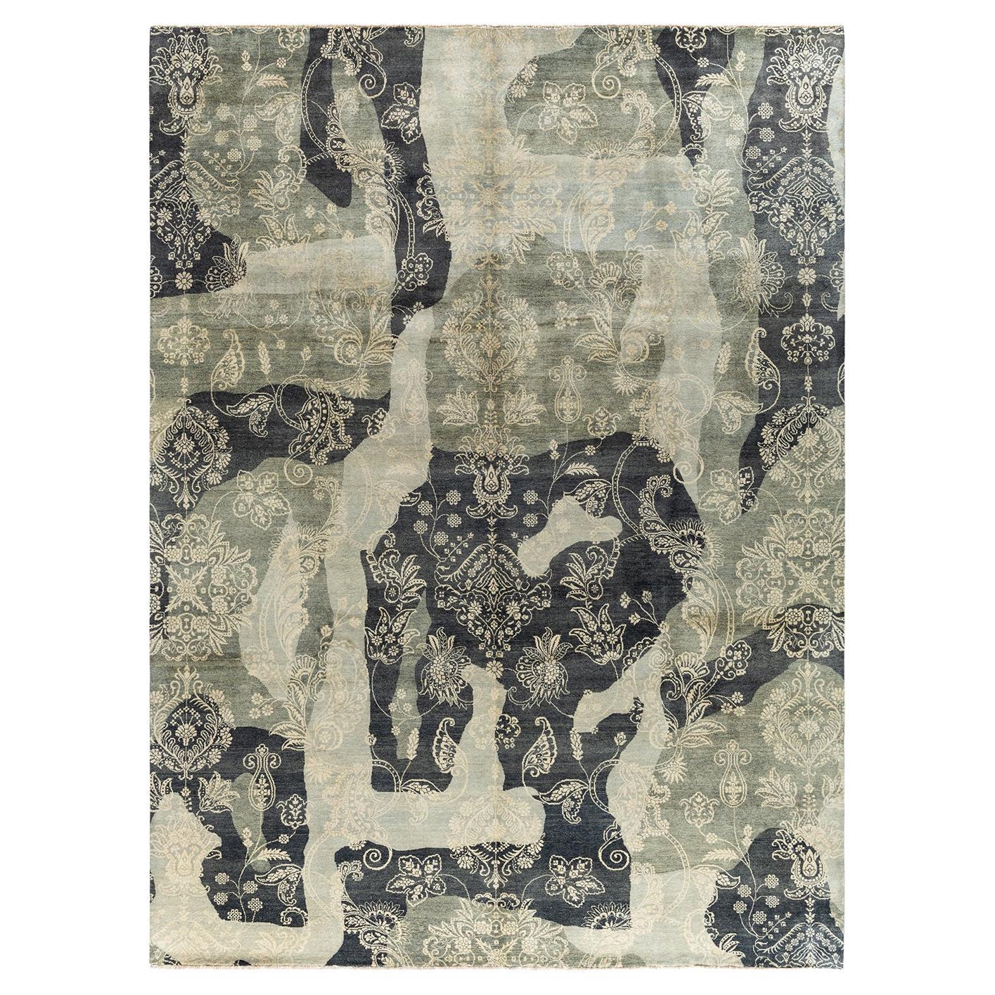 Traditional Ikat Hand Knots Rugs, Tappeto astratto in lana grigio, 9' 0" x 12' 1"