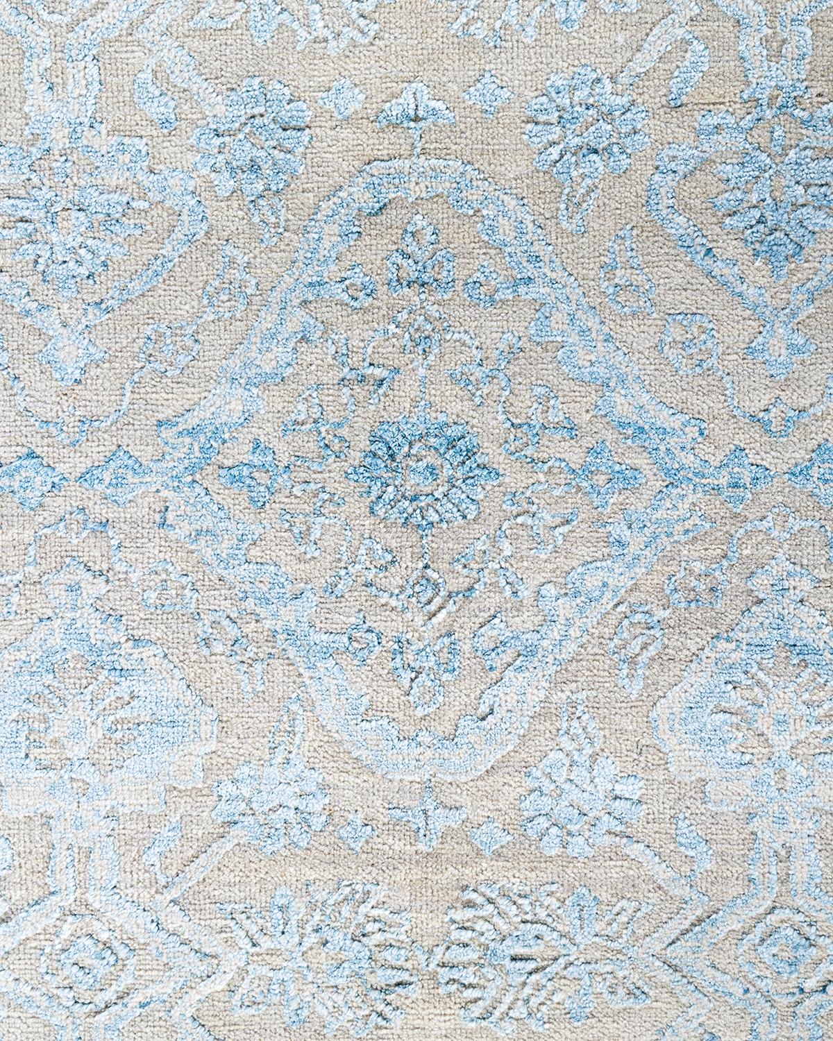 Traditioneller handgeknüpfter, geblümter Ikat-Teppich aus Seide und Wolle in Beige 7' 9