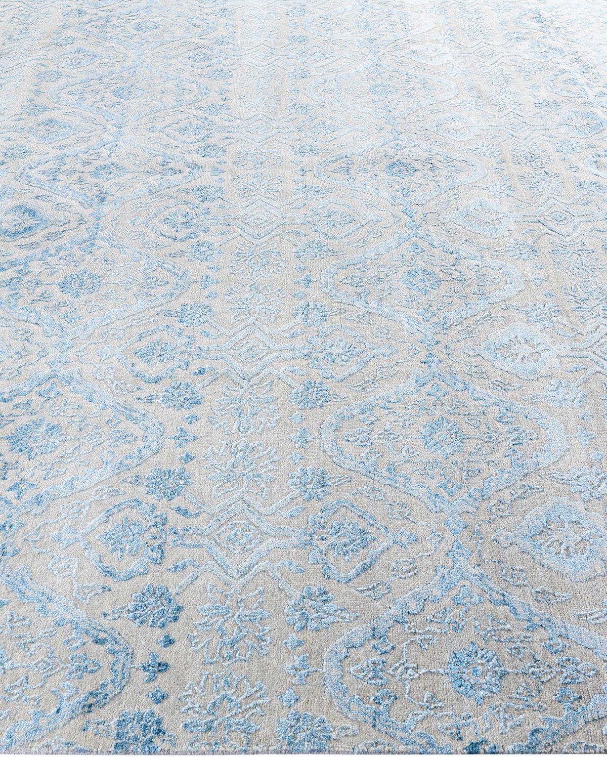 Traditioneller handgeknüpfter, geblümter Ikat-Teppich aus Seide und Wolle in Beige 7' 9