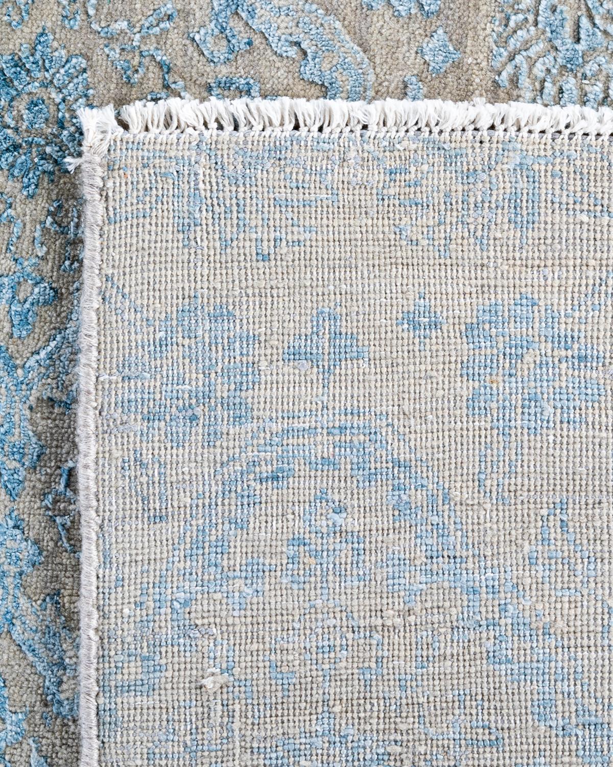 Traditioneller handgeknüpfter, geblümter Ikat-Teppich aus Seide und Wolle in Beige 7' 9