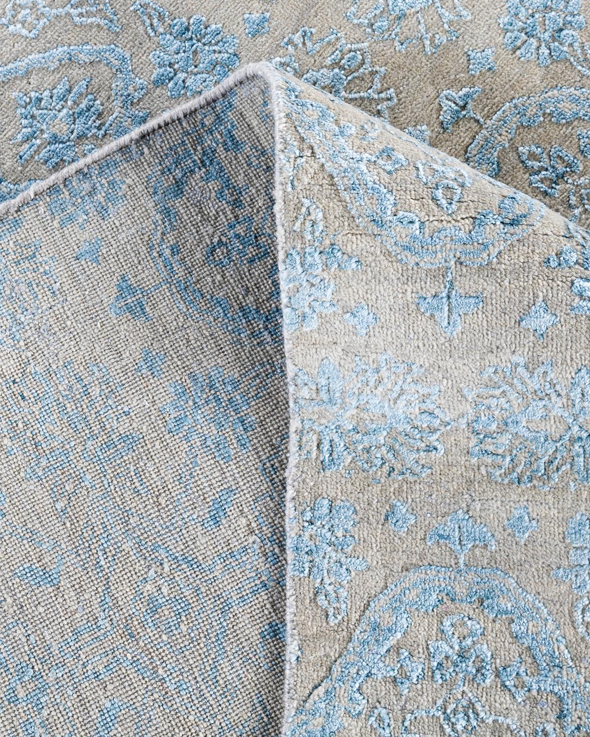 Traditioneller handgeknüpfter, geblümter Ikat-Teppich aus Seide und Wolle in Beige 7' 9