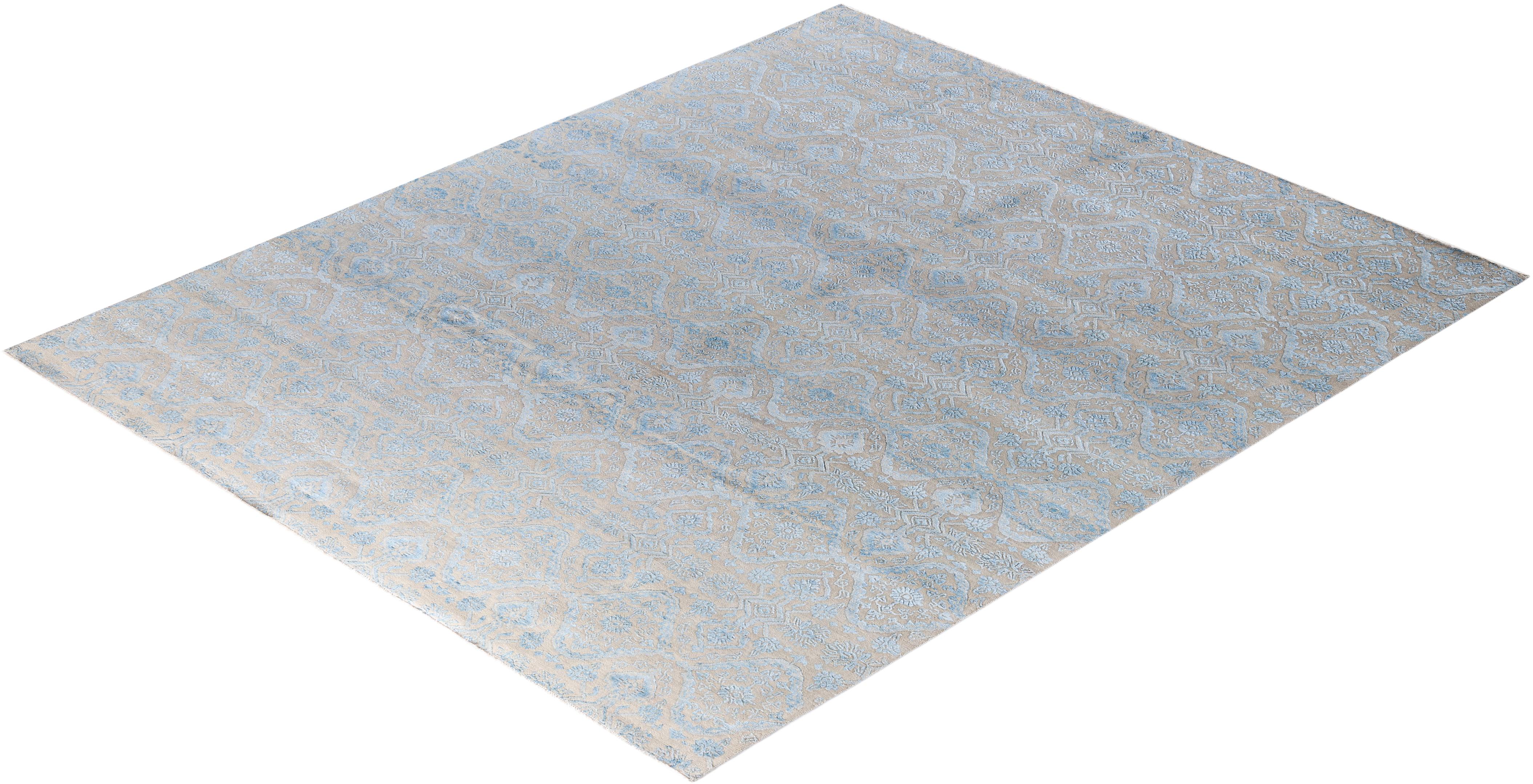 Traditioneller handgeknüpfter, geblümter Ikat-Teppich aus Seide und Wolle in Beige 7' 9