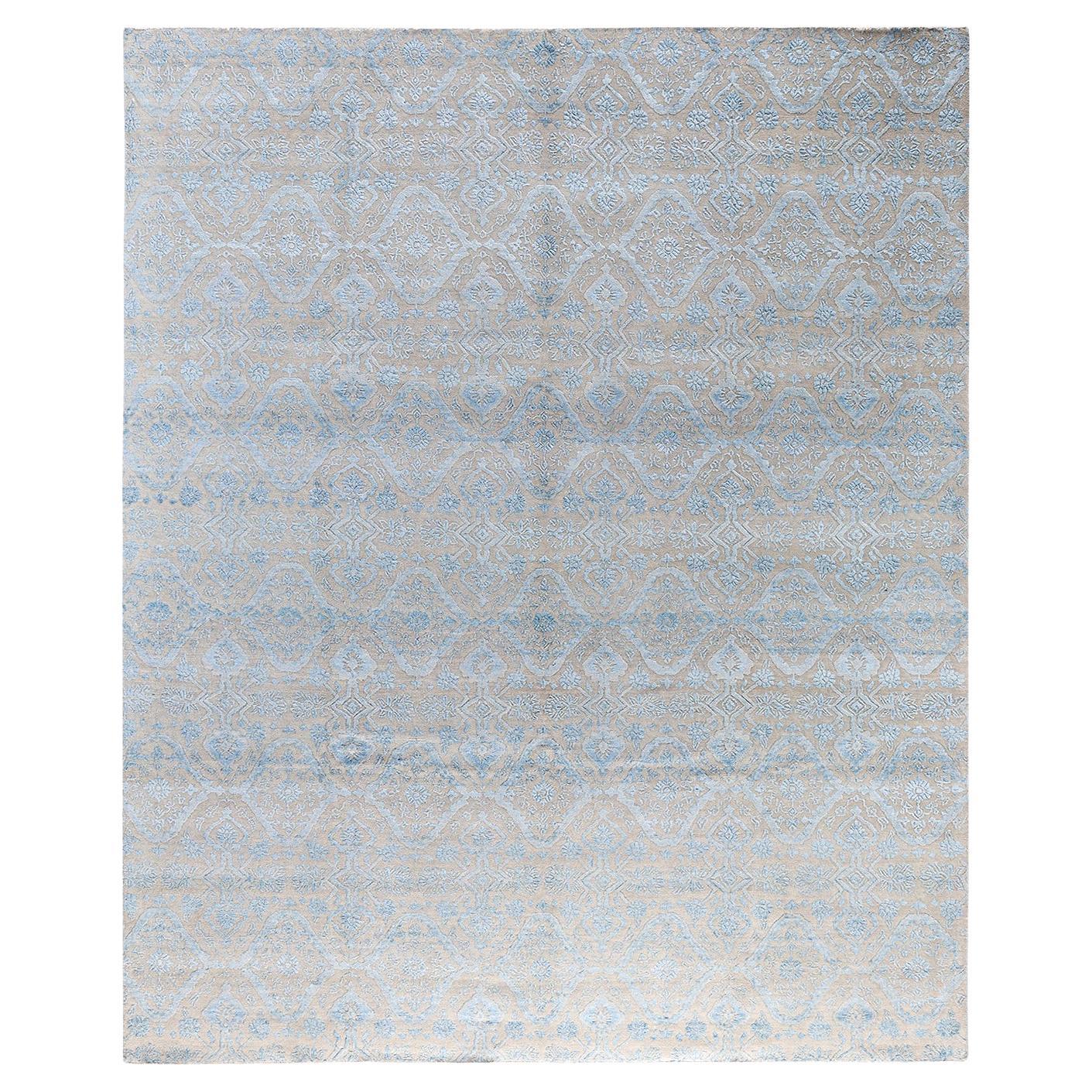 Traditional Ikat Hand Knotted Floral Silk & Wool Beige Area Rug 7' 9" x 9' 5"
