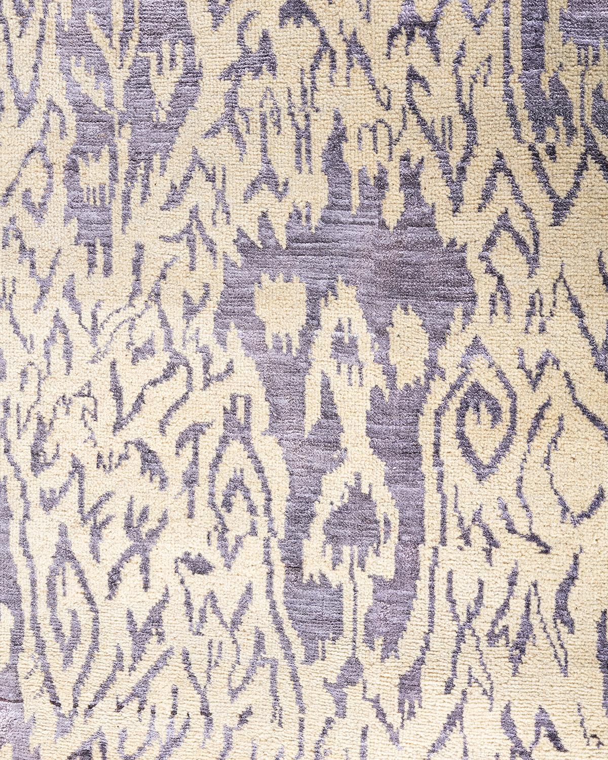 Indian Traditional Ikat Hand Knotted Floral Silk & Wool Beige Area Rug 8' 0