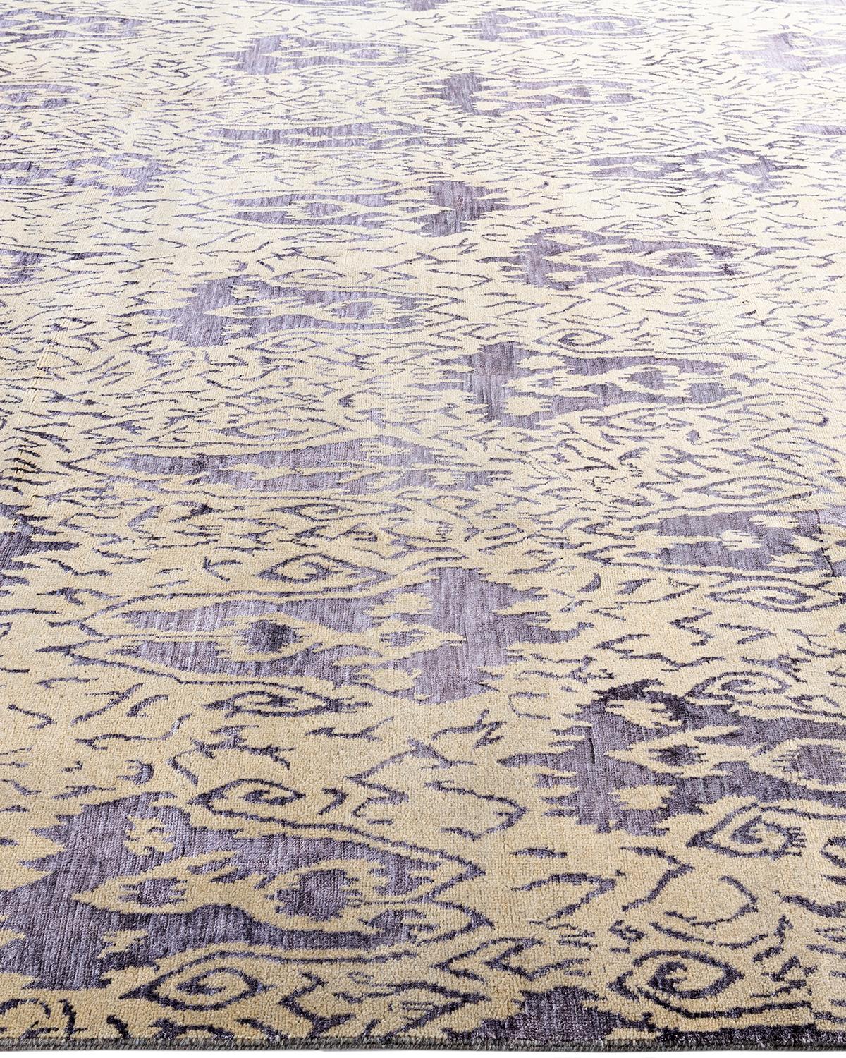 Hand-Knotted Traditional Ikat Hand Knotted Floral Silk & Wool Beige Area Rug 8' 0