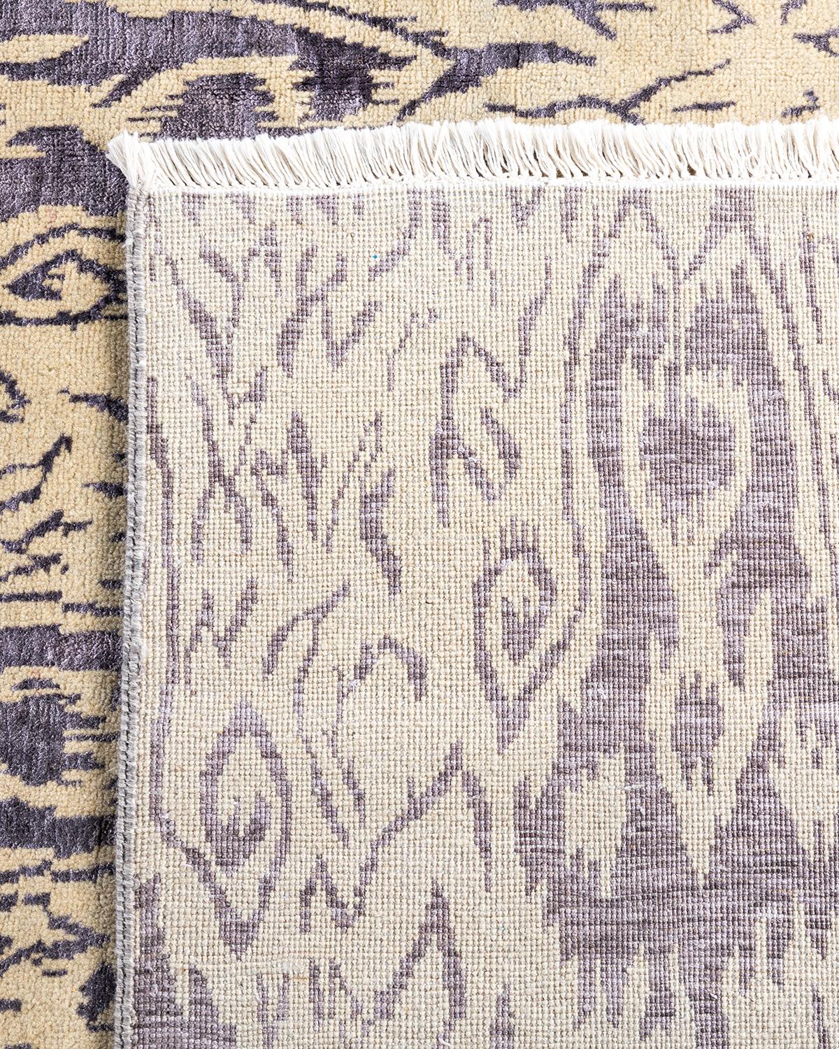Traditional Ikat Hand Knotted Floral Silk & Wool Beige Area Rug 8' 0