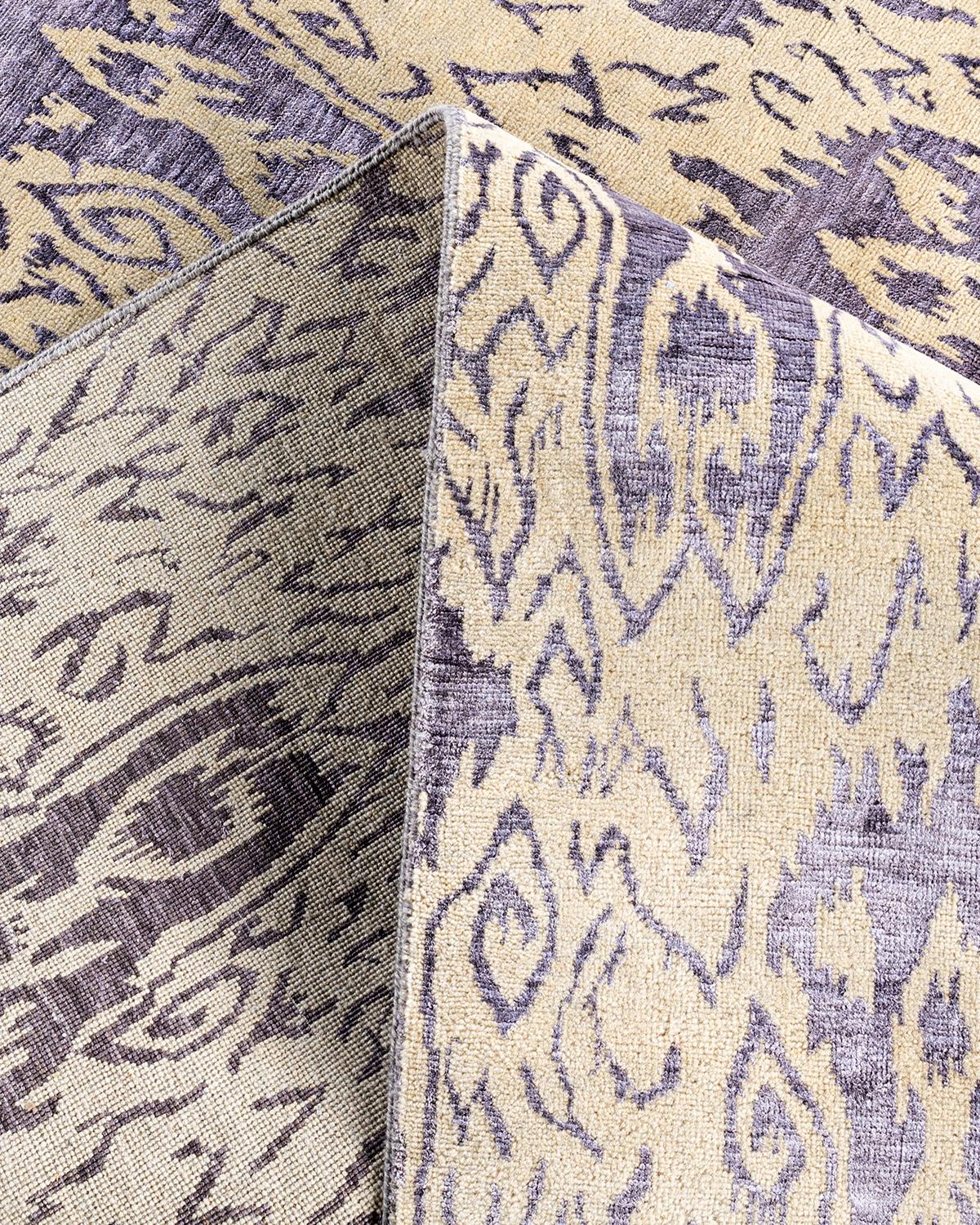 Contemporary Traditional Ikat Hand Knotted Floral Silk & Wool Beige Area Rug 8' 0