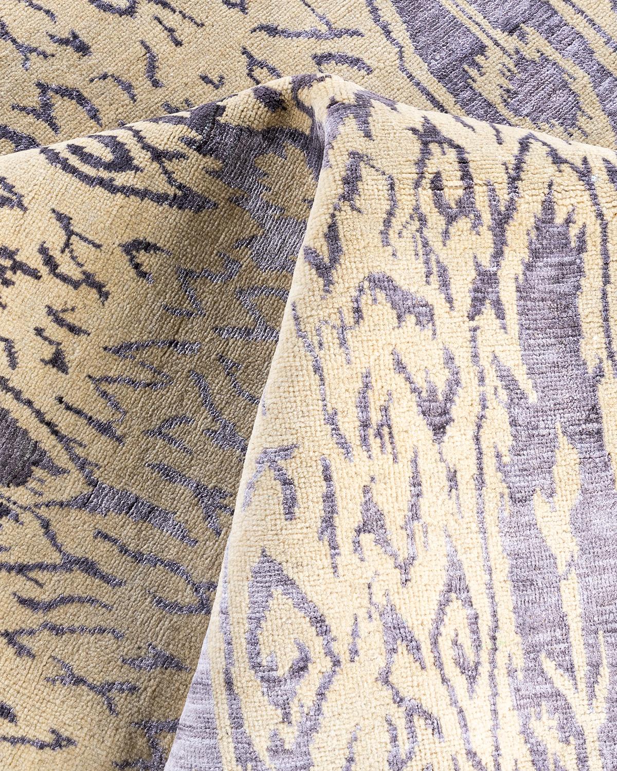 Traditional Ikat Hand Knotted Floral Silk & Wool Beige Area Rug 8' 0