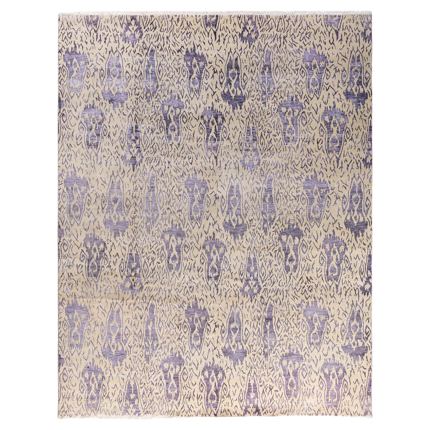 Traditional Ikat Hand Knotted Floral Silk & Wool Beige Area Rug 8' 0" x 10' 1"