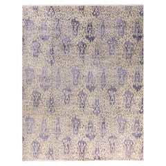 Traditioneller handgeknüpfter, geblümter Ikat-Teppich aus Seide und Wolle in Beige, 8' 0" x 10' 1"