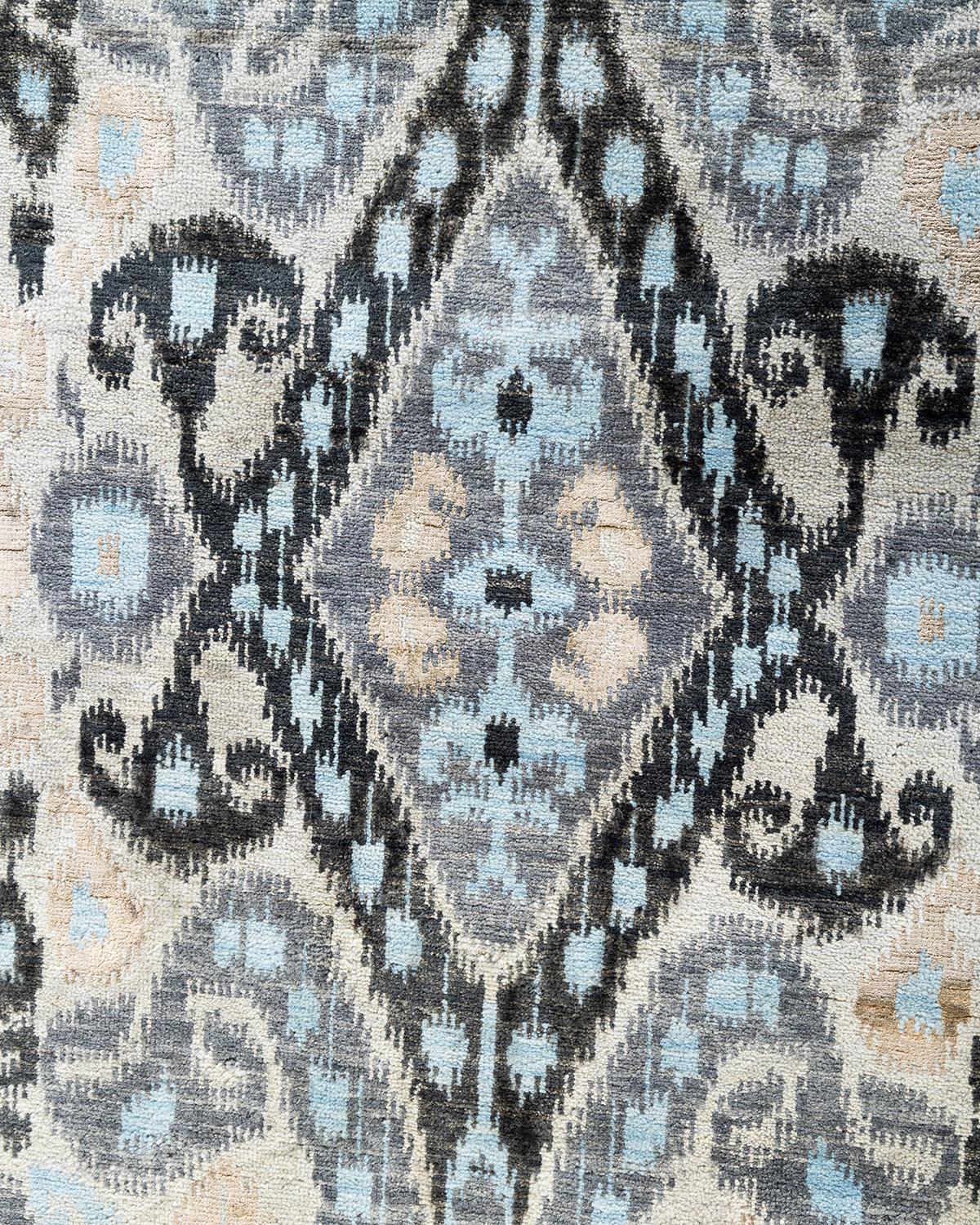 Indiano Tappeto tradizionale Ikat annodato a mano in seta e lana beige 8' 0