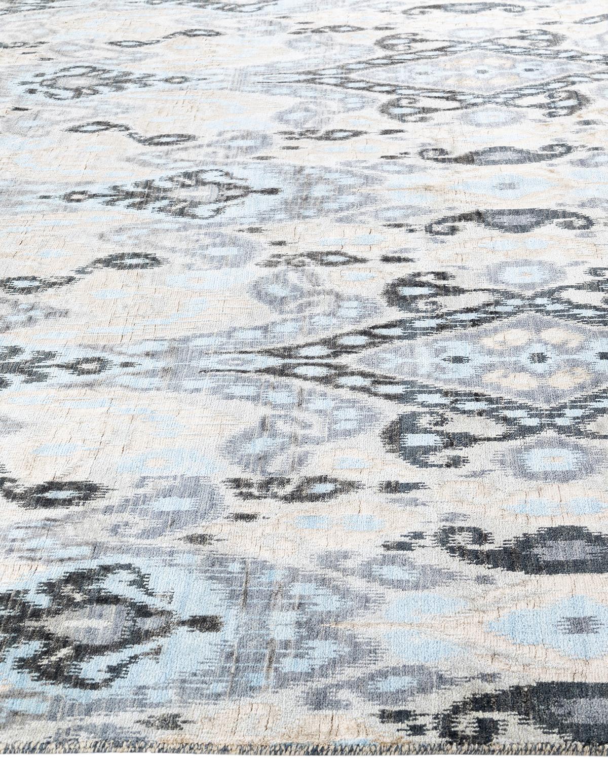 Annodato a mano Tappeto tradizionale Ikat annodato a mano in seta e lana beige 8' 0