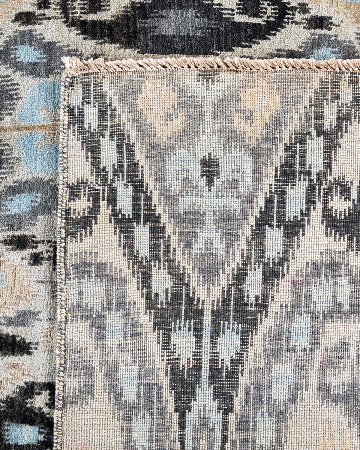 Tappeto tradizionale Ikat annodato a mano in seta e lana beige 8' 0