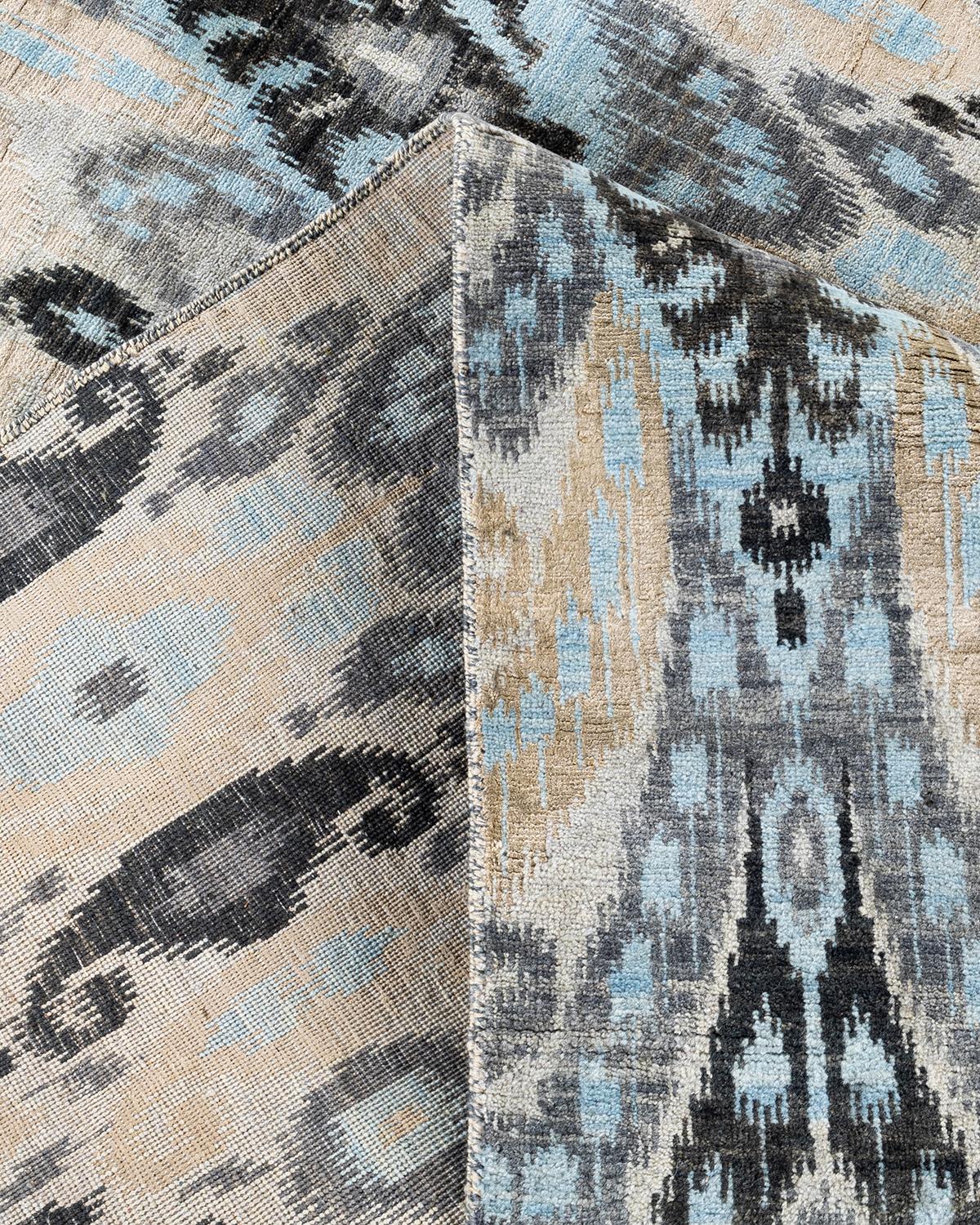 XXI secolo e contemporaneo Tappeto tradizionale Ikat annodato a mano in seta e lana beige 8' 0