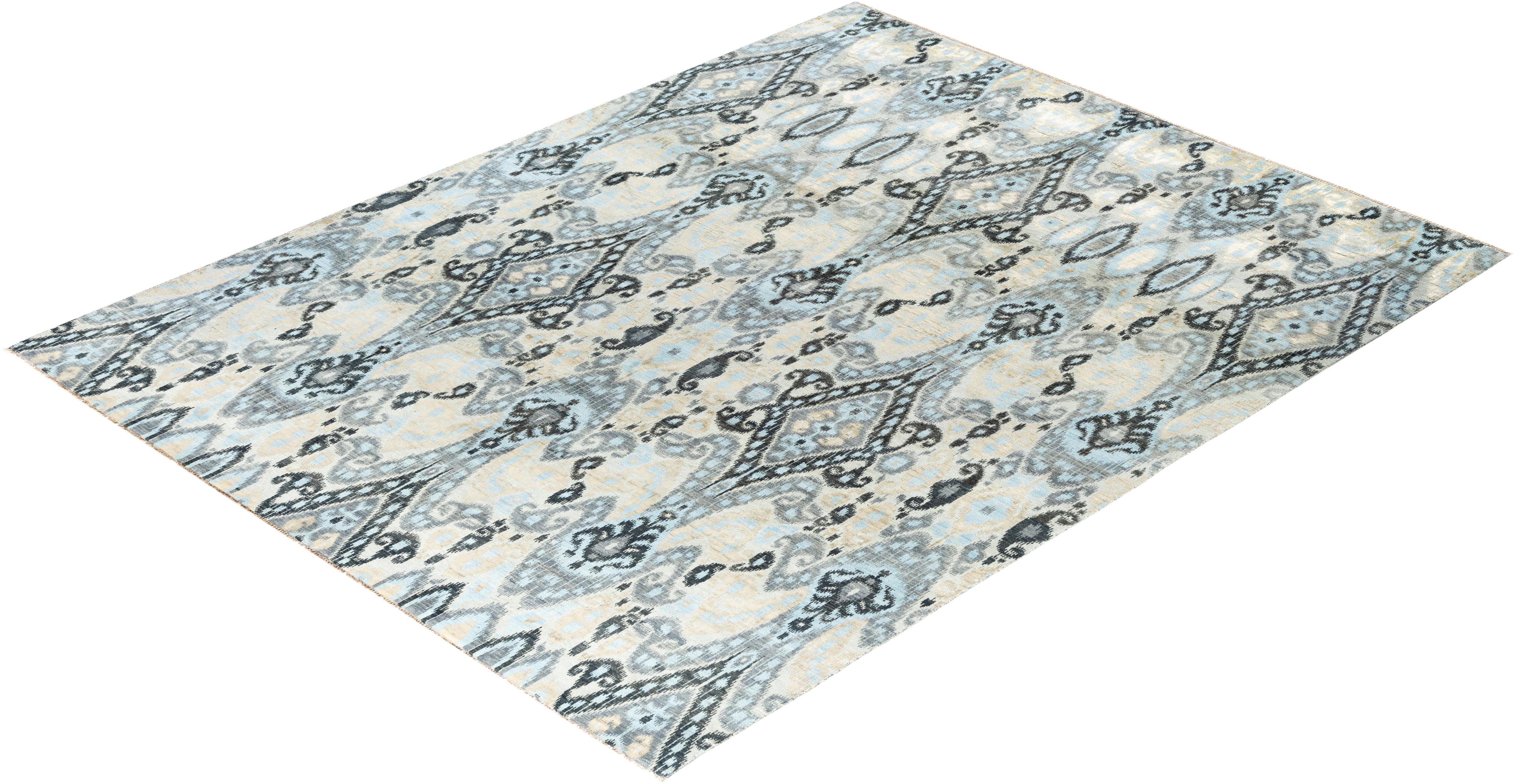 Tappeto tradizionale Ikat annodato a mano in seta e lana beige 8' 0