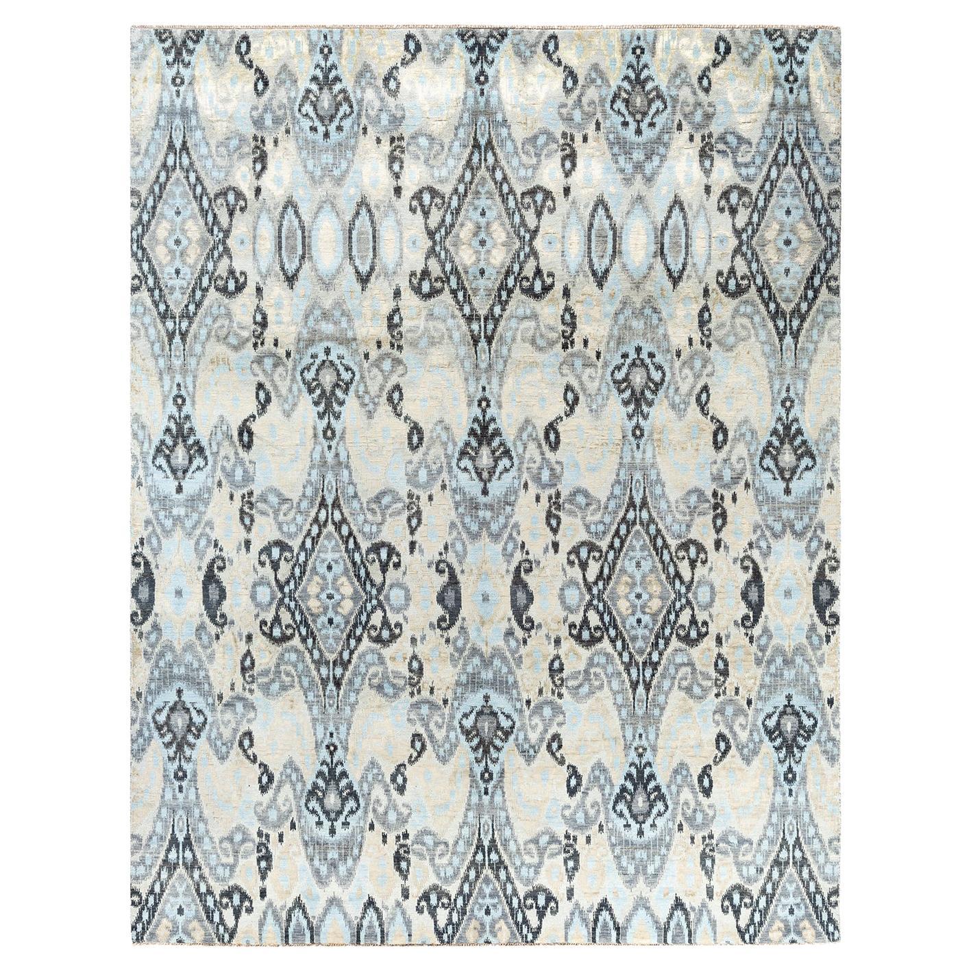Traditional Ikat Hand Knotted Floral Silk & Wool Beige Area Rug 8' 0" x 10' 6"