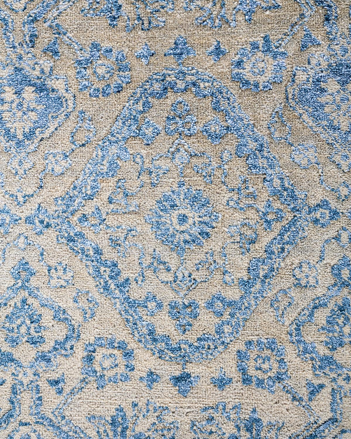 Indian Traditional Ikat Hand Knotted Floral Silk & Wool Beige Area Rug 8' 2