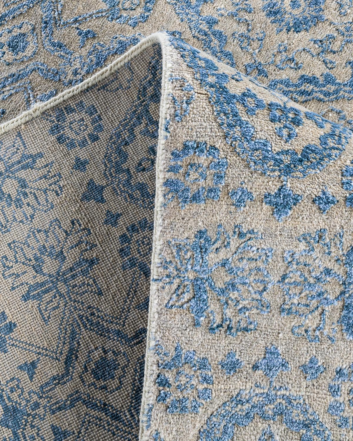 Contemporary Traditional Ikat Hand Knotted Floral Silk & Wool Beige Area Rug 8' 2