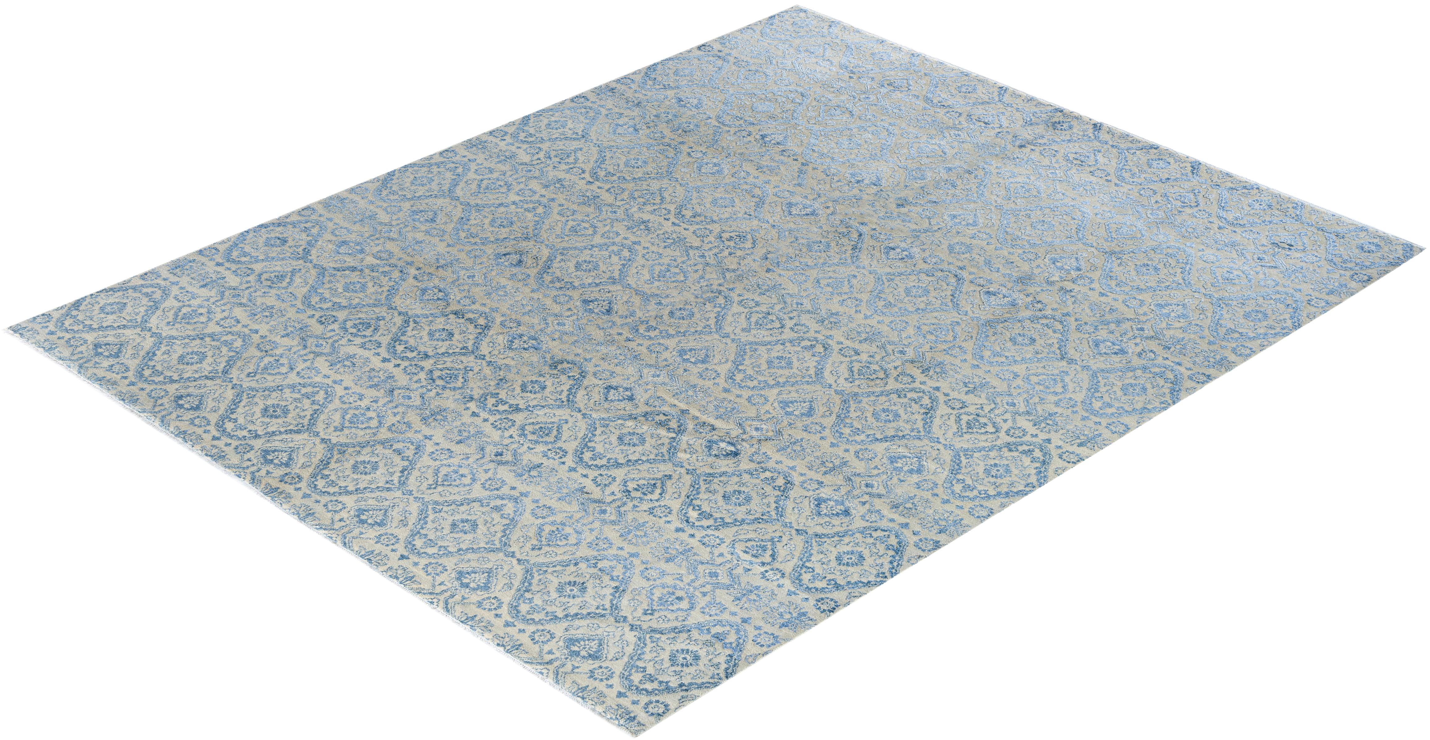 Traditional Ikat Hand Knotted Floral Silk & Wool Beige Area Rug 8' 2