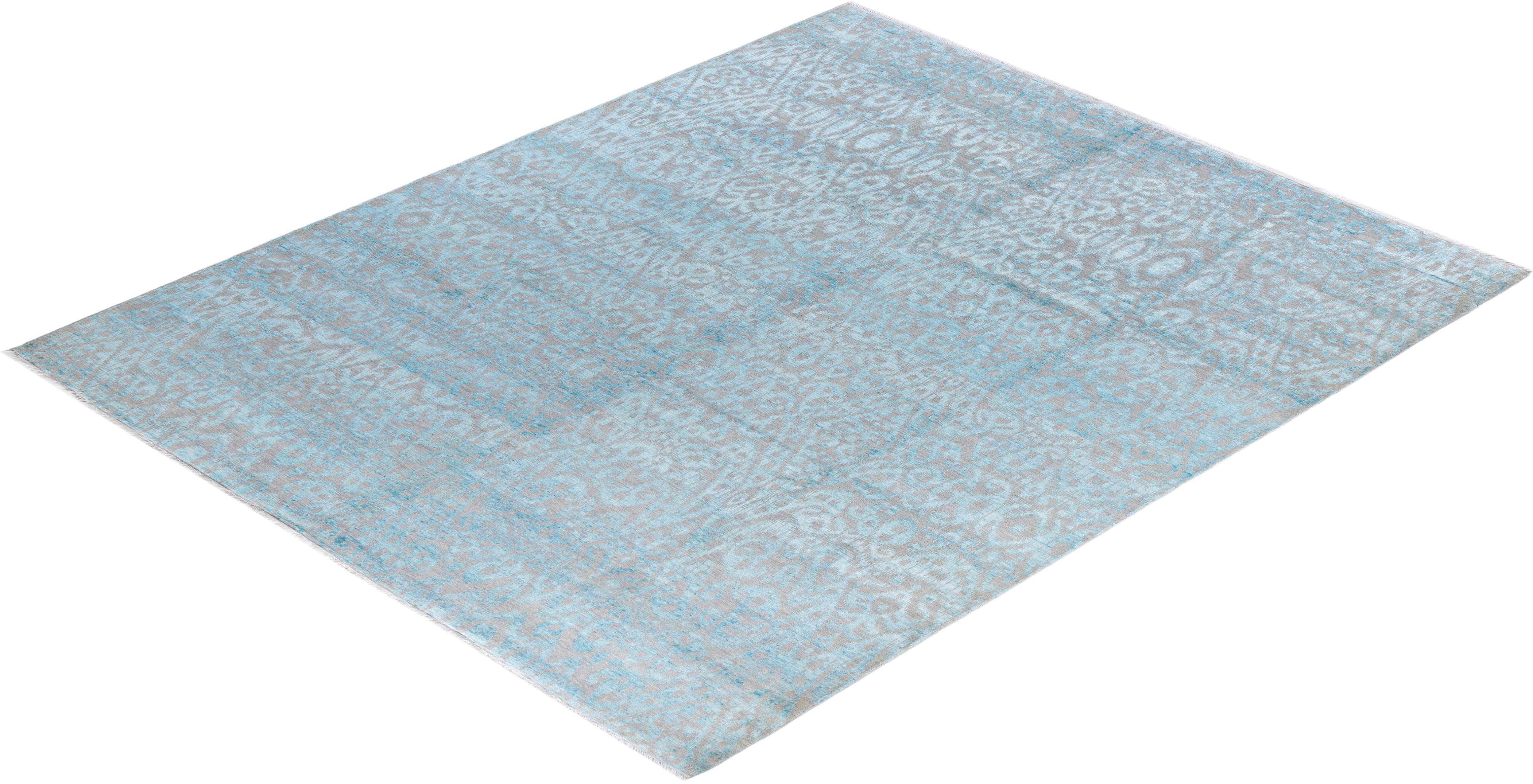 Tappeto tradizionale Ikat annodato a mano in seta e lana beige 8' 3