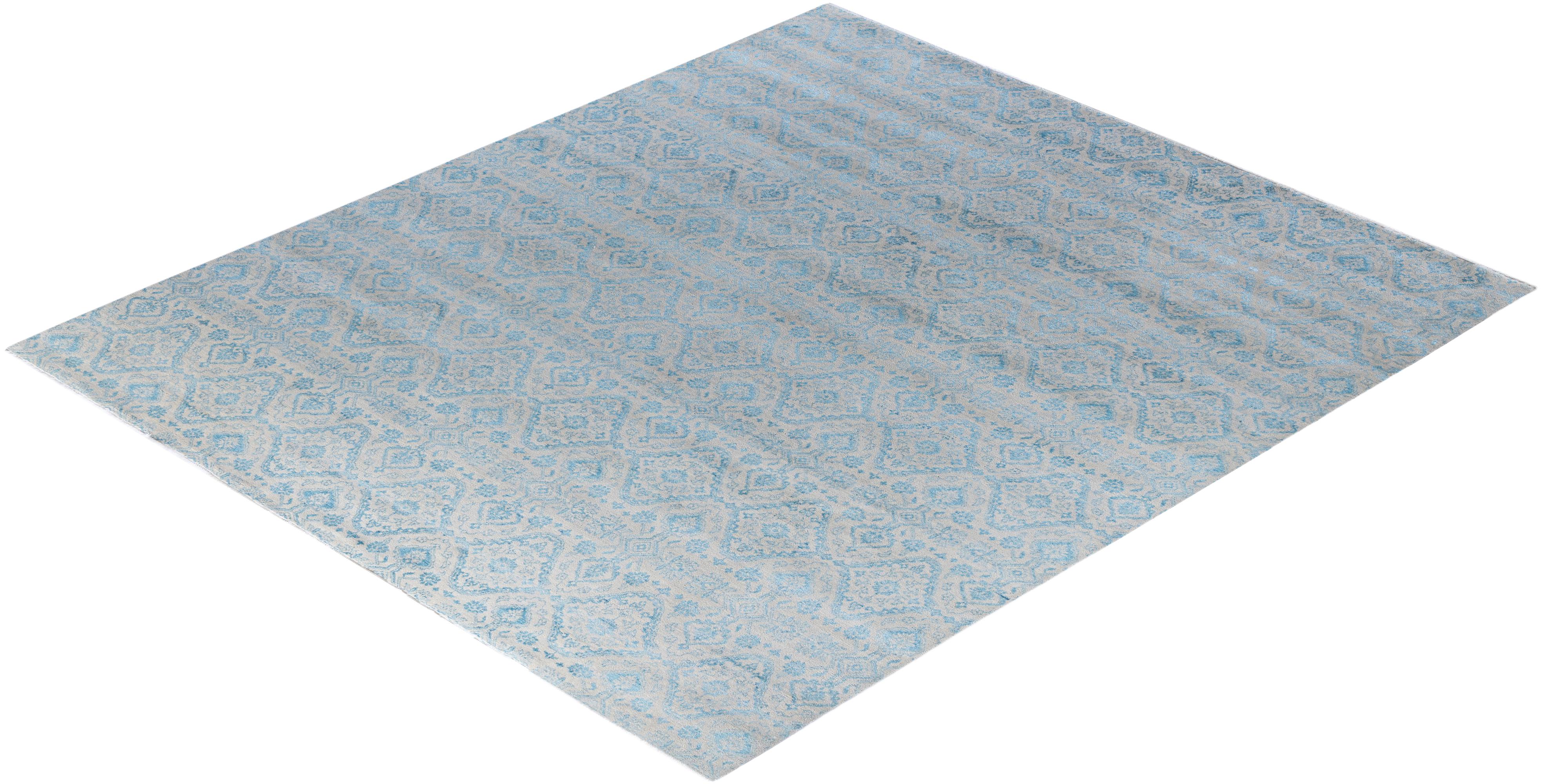 Tappeto tradizionale Ikat annodato a mano in seta e lana beige 9' 0