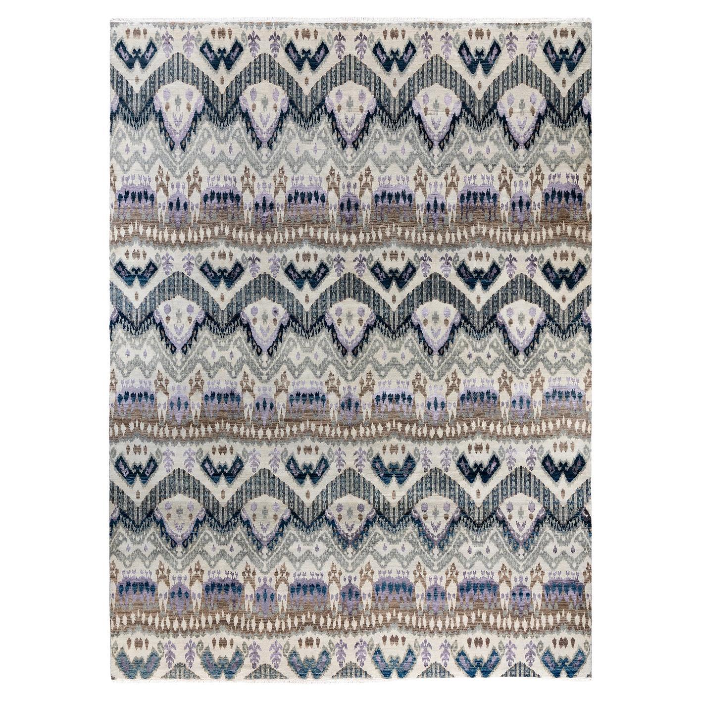 Traditional Ikat Hand Knotted Floral Silk & Wool Beige Area Rug 9' 0" x 12' 1"