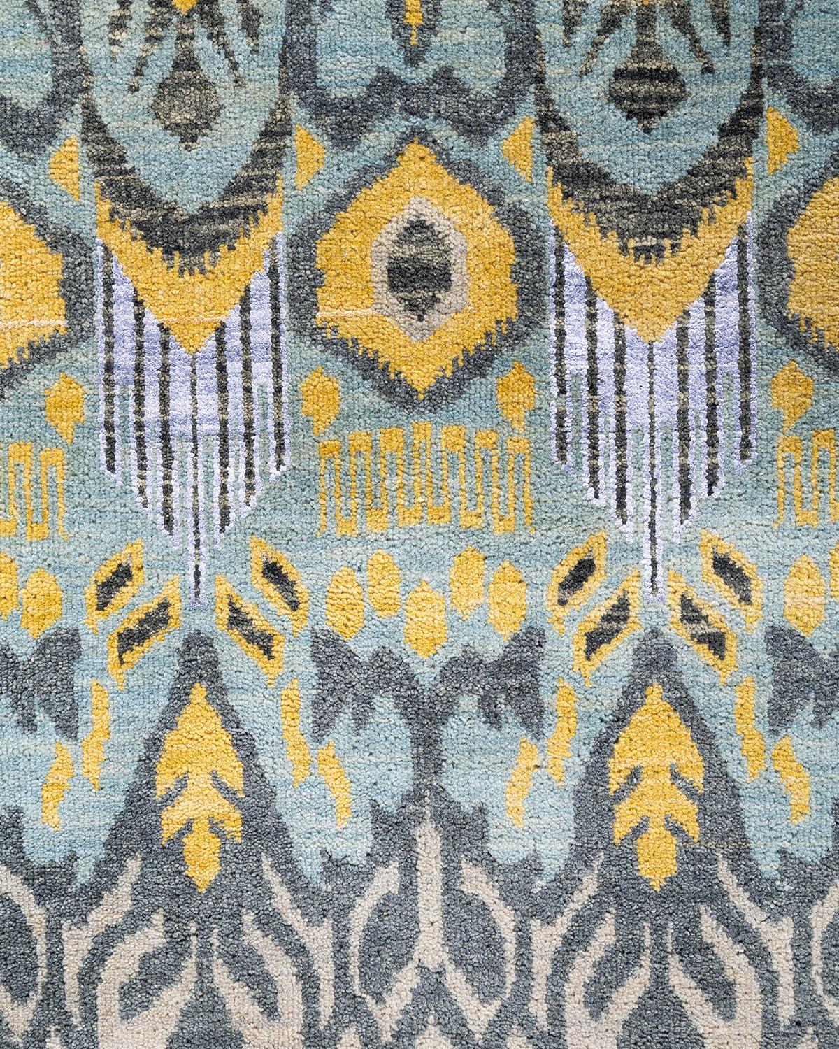 Indian Traditional Ikat Hand Knotted Floral Silk & Wool Beige Area Rug 9' 1