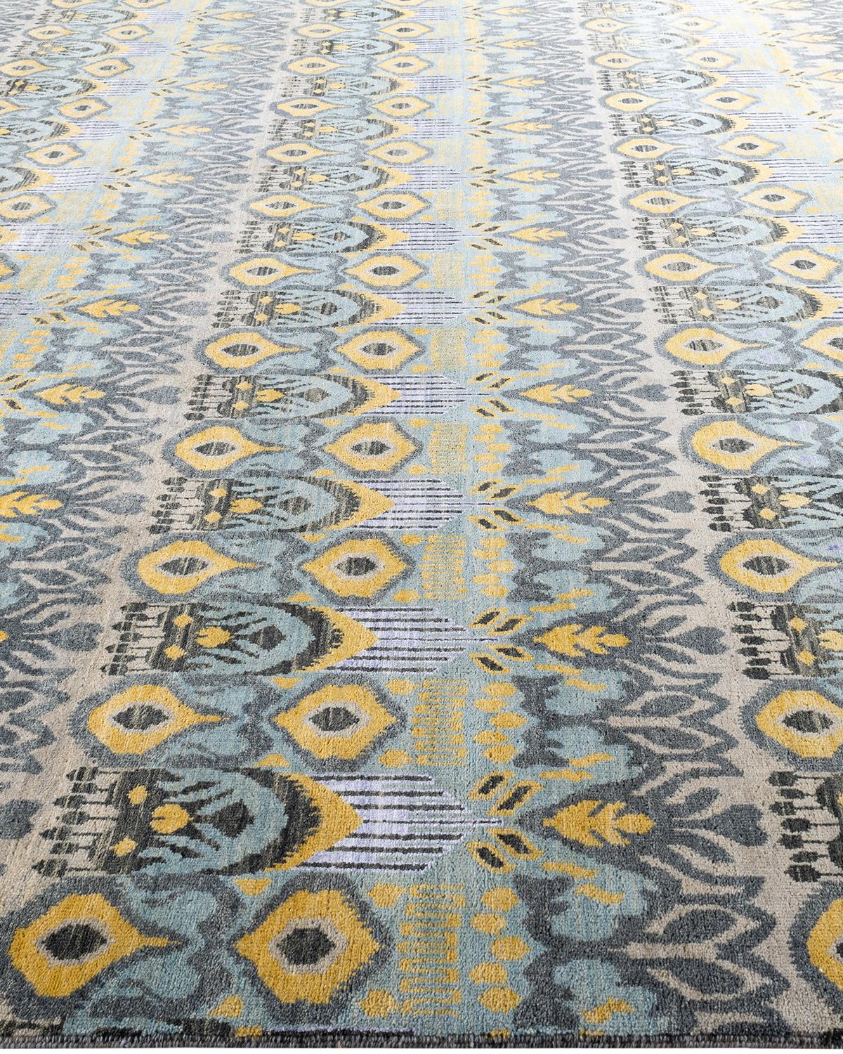 Hand-Knotted Traditional Ikat Hand Knotted Floral Silk & Wool Beige Area Rug 9' 1