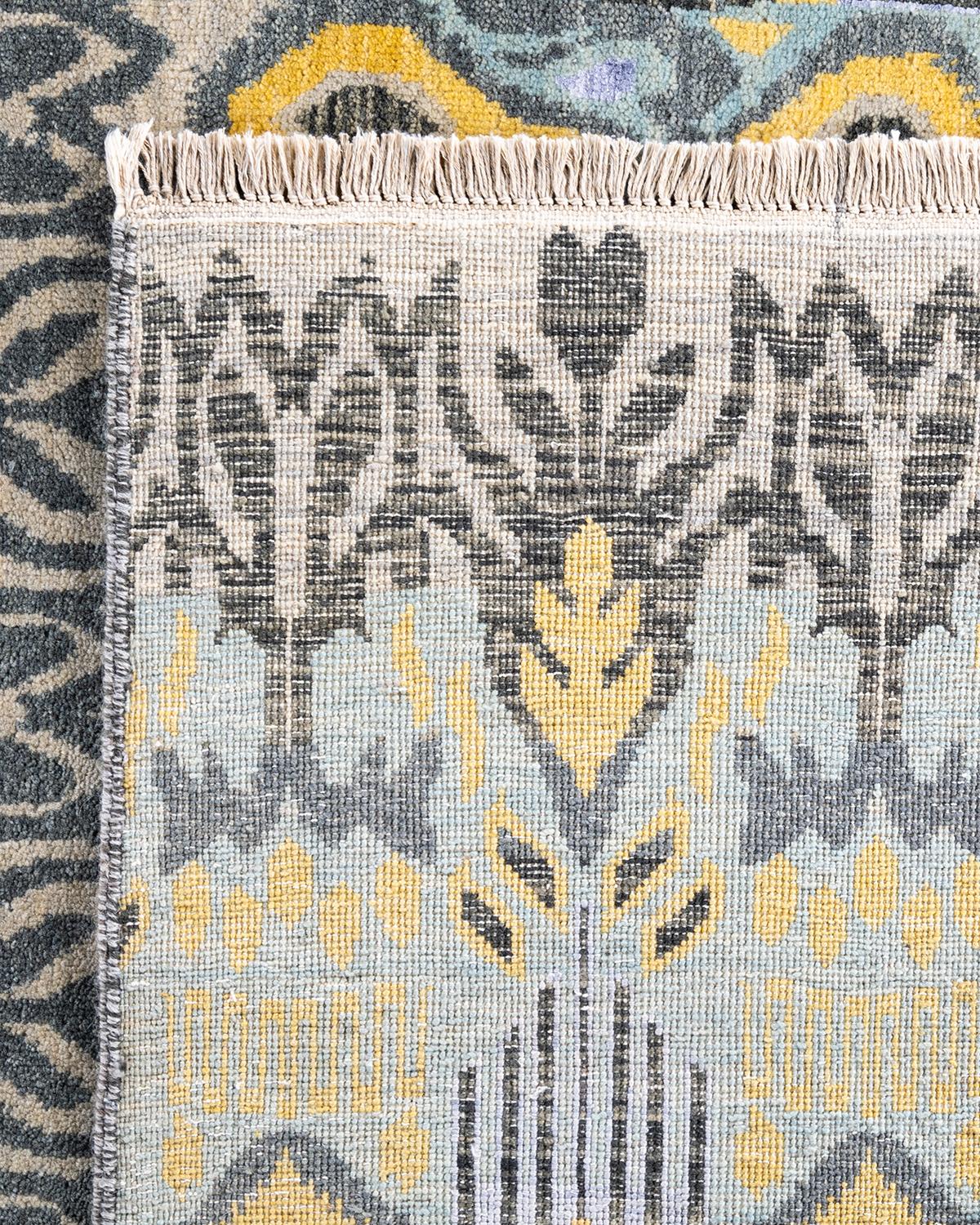 Traditional Ikat Hand Knotted Floral Silk & Wool Beige Area Rug 9' 1