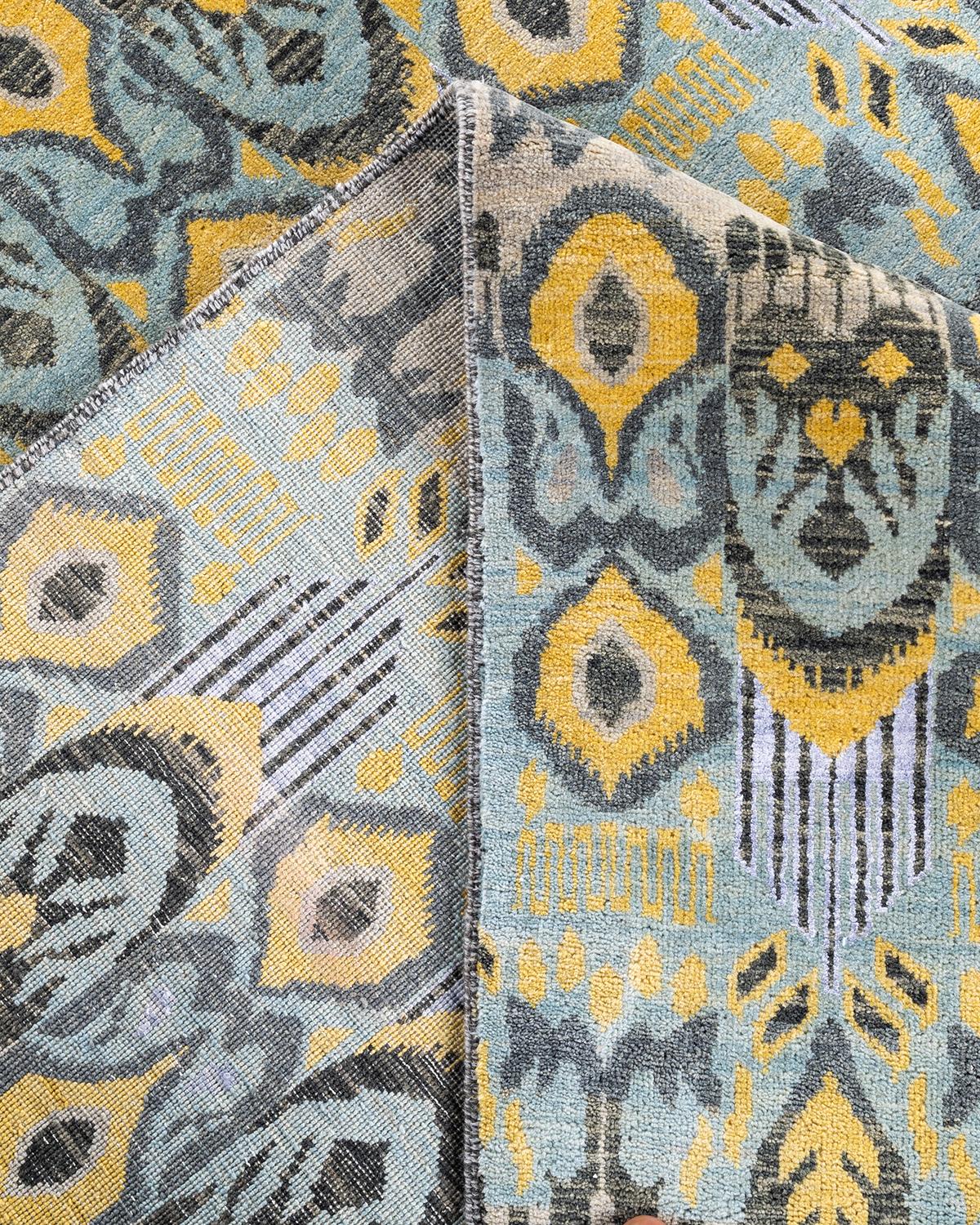 Contemporary Traditional Ikat Hand Knotted Floral Silk & Wool Beige Area Rug 9' 1