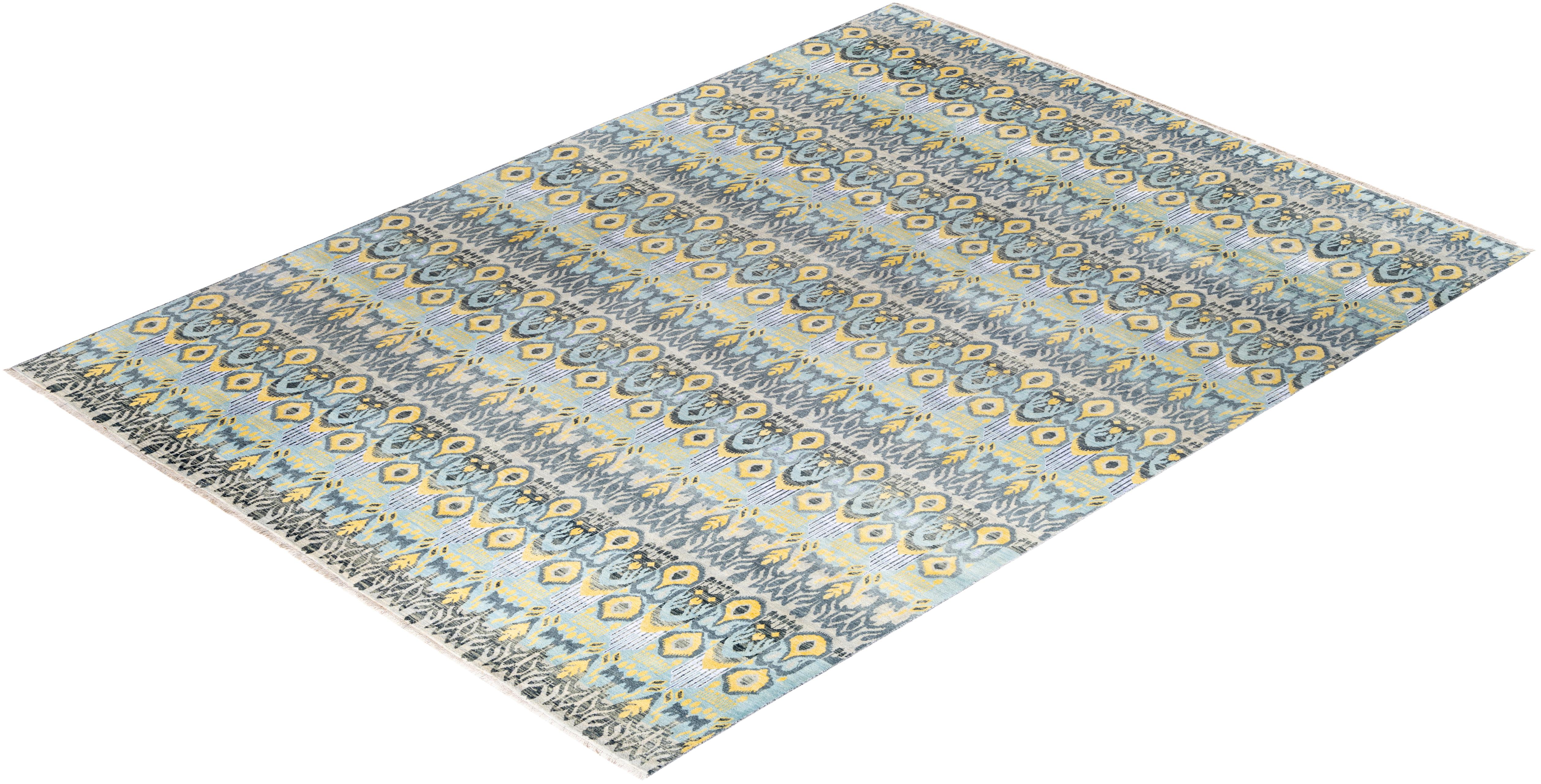 Traditional Ikat Hand Knotted Floral Silk & Wool Beige Area Rug 9' 1