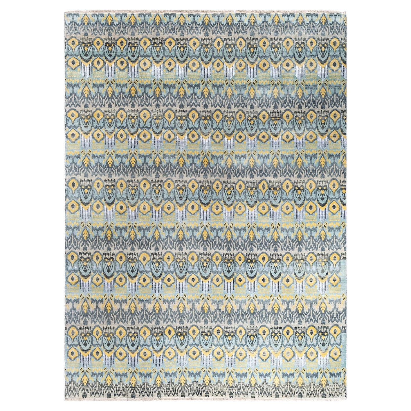 Traditional Ikat Hand Knotted Floral Silk & Wool Beige Area Rug 9' 1" x 12' 2"