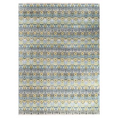 Traditioneller handgeknüpfter, geblümter Ikat-Teppich aus Seide und Wolle in Beige, 9' 1" x 12' 2"