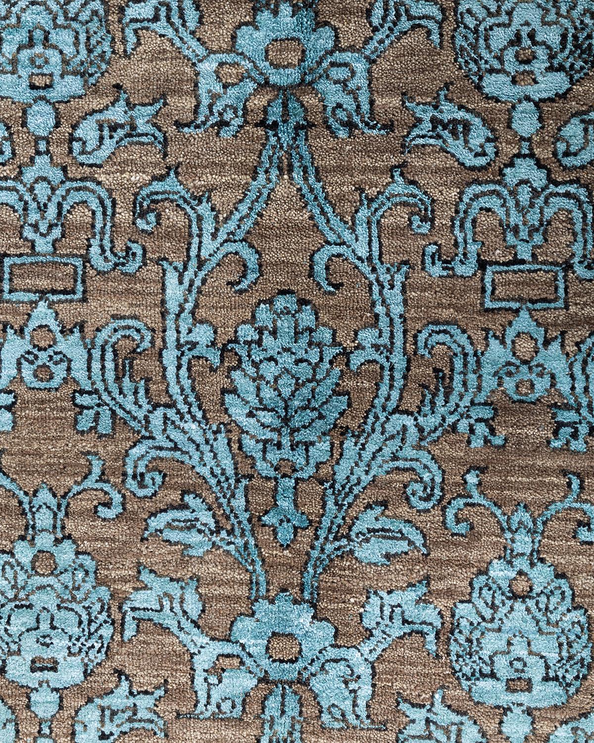 Indien Tapis traditionnel Ikat beige en soie et laine à motifs floraux noués à la main 9' 2