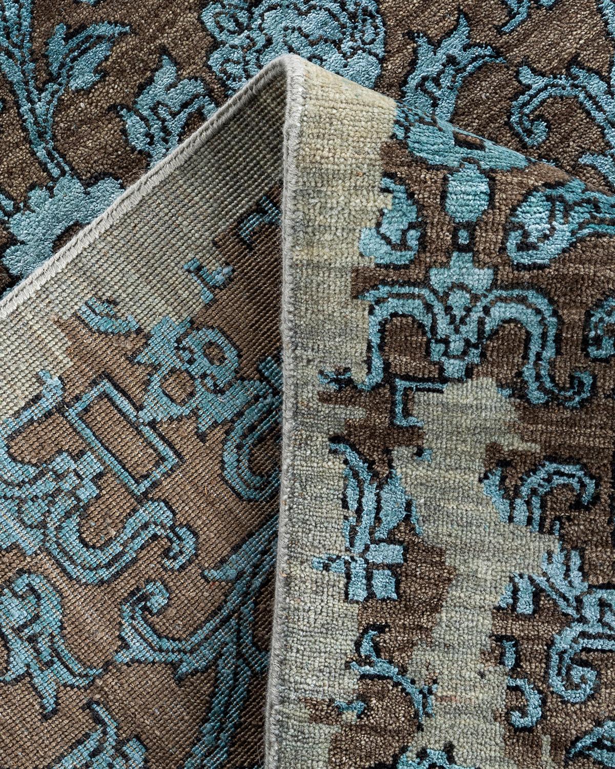 XXIe siècle et contemporain Tapis traditionnel Ikat beige en soie et laine à motifs floraux noués à la main 9' 2