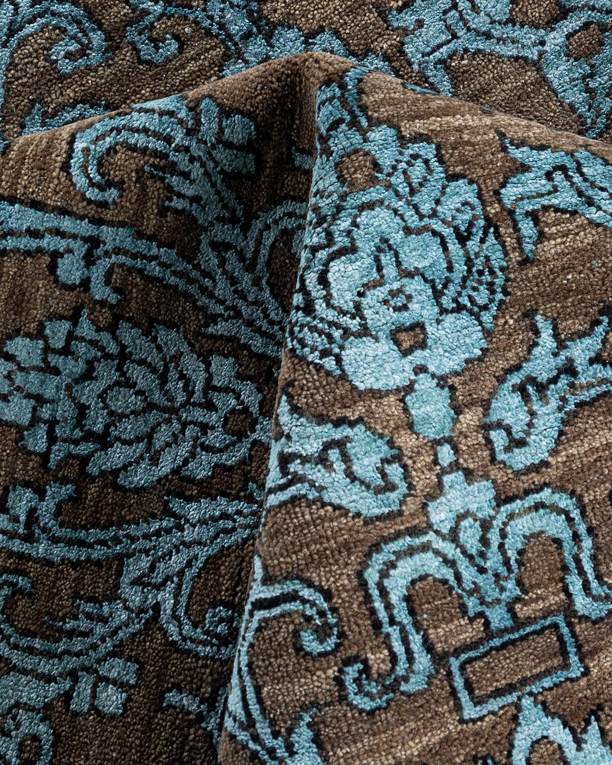 Laine Tapis traditionnel Ikat beige en soie et laine à motifs floraux noués à la main 9' 2