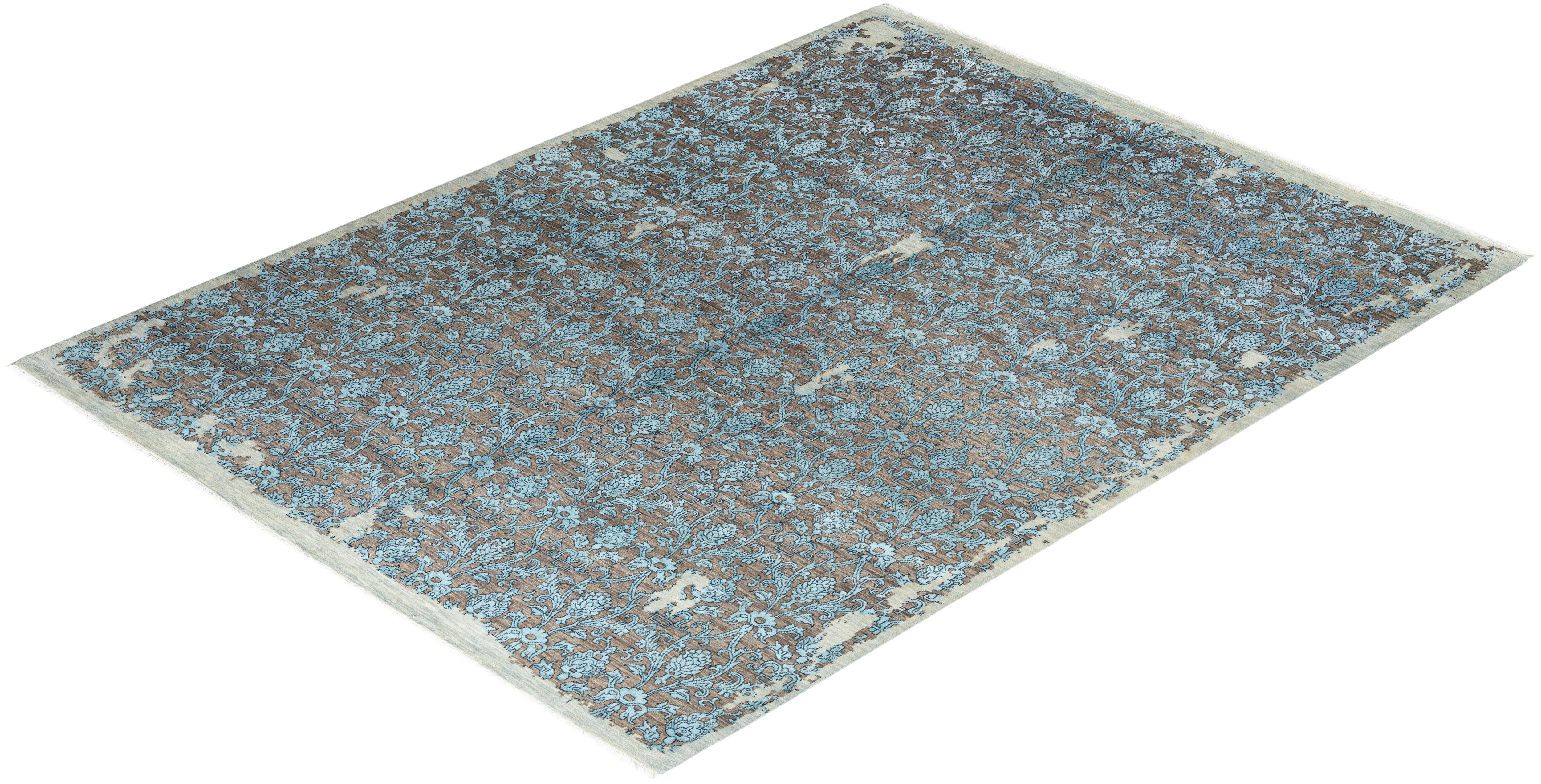 Tapis traditionnel Ikat beige en soie et laine à motifs floraux noués à la main 9' 2