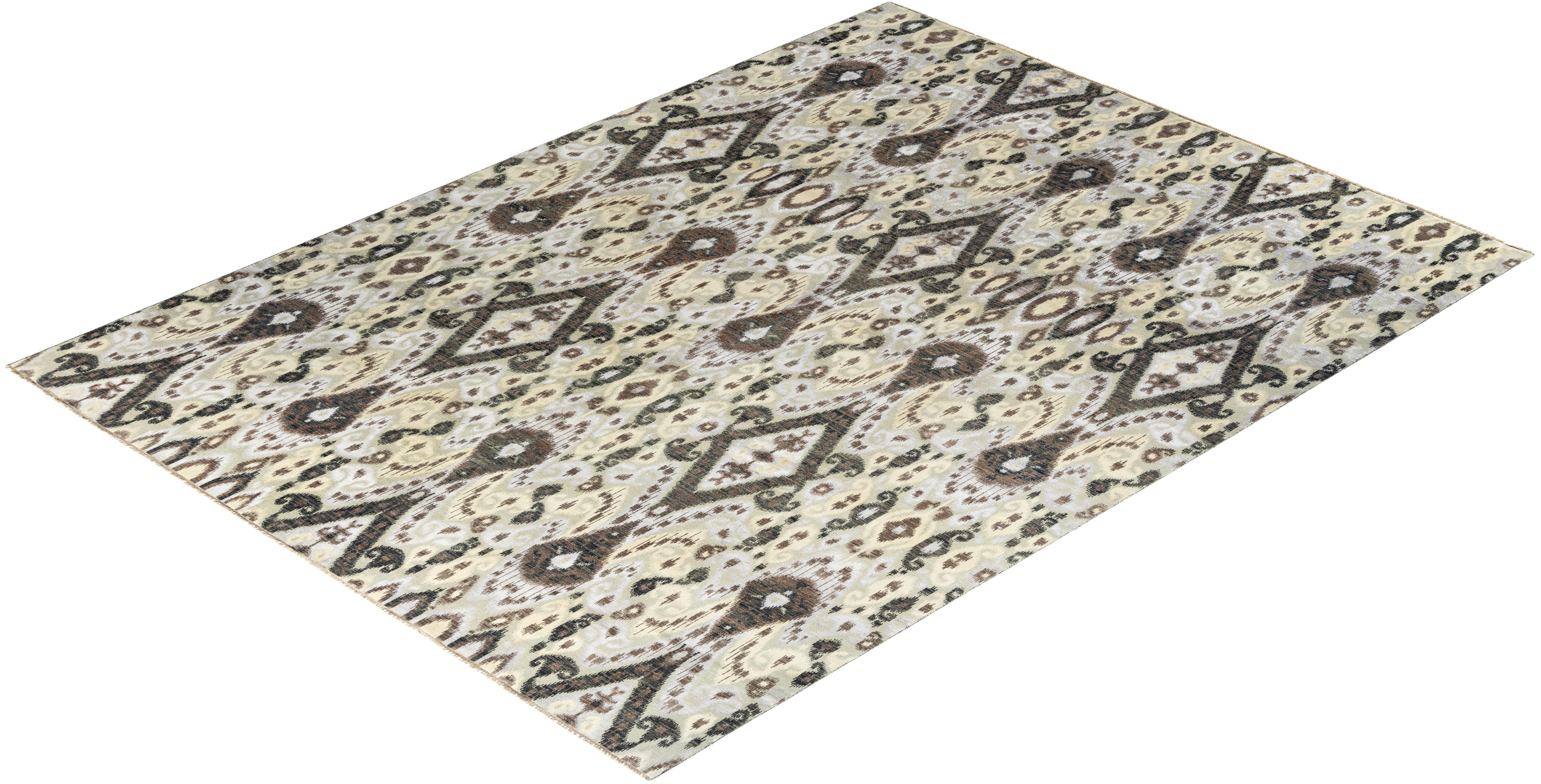 Traditioneller handgeknüpfter, geblümter Ikat-Teppich aus Seide und Wolle in Schwarz 9' 2